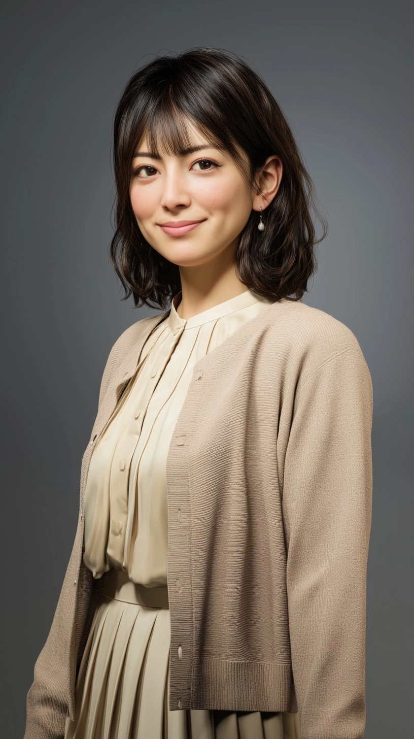 Japanese woman, early 20s, Soft over face, big warm brown eyes, clear pale skin, gentle smile