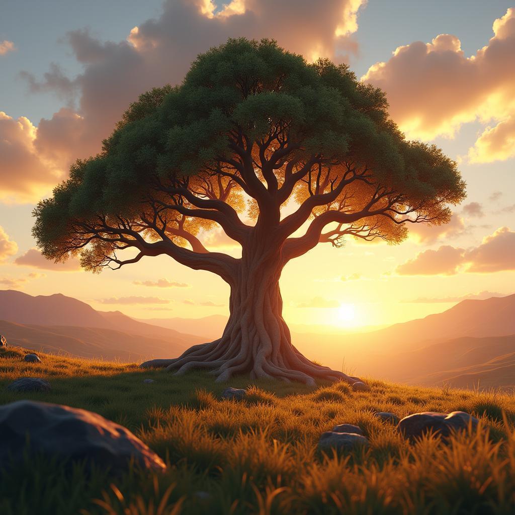 Colossal Lone Tree Glowing at Valley Sunset