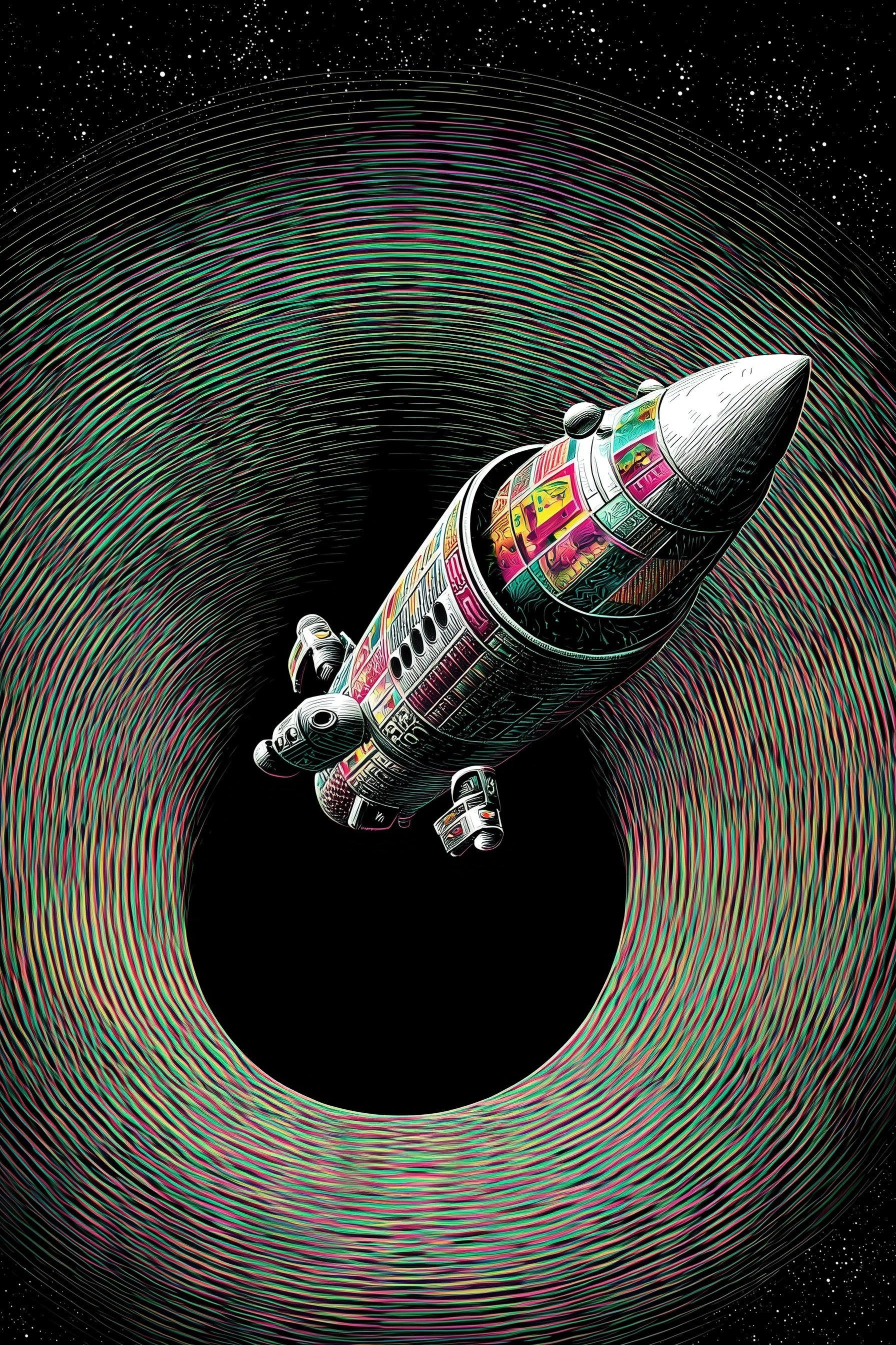 A distorted spaceship getting sucked in and absorbed by big black hole in a dynamic pose in space