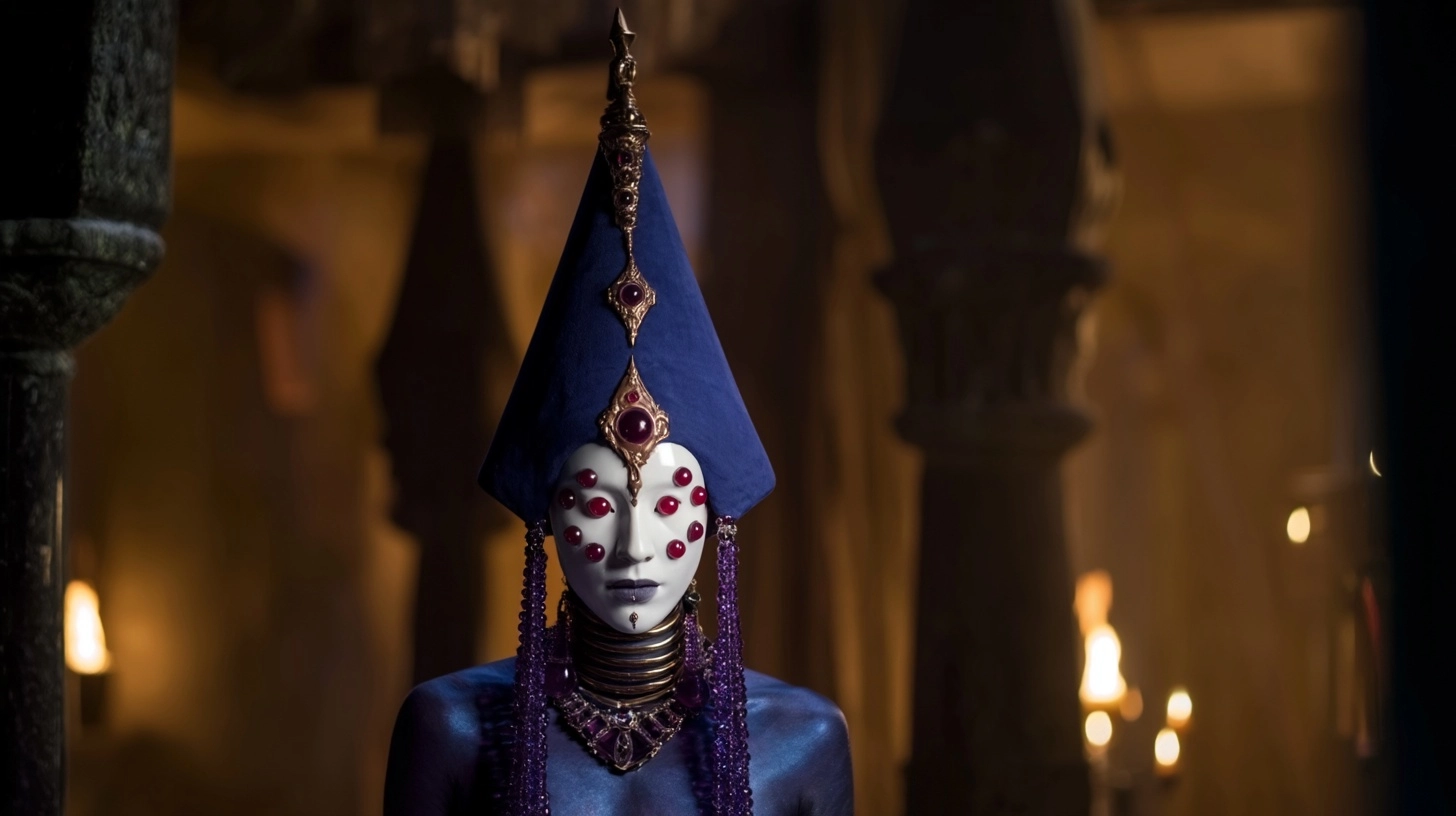 An otherworldly shaman figure in a ceramic visage embedded with ruby spheres as eyes arranged symmet