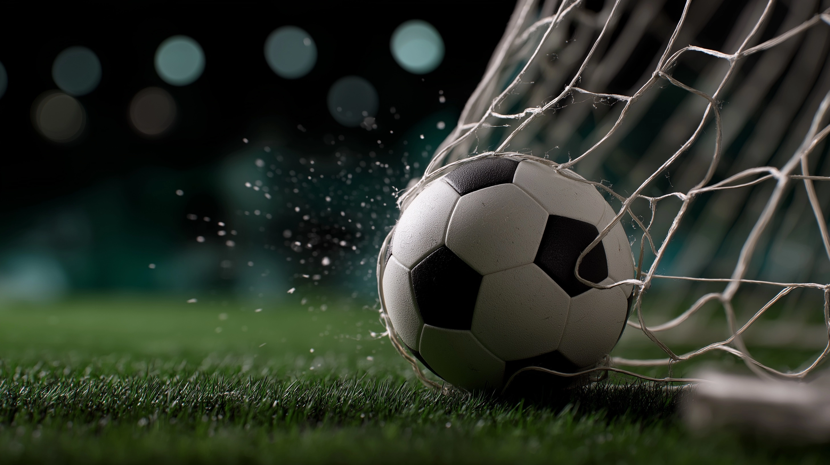 An soccer ball puck hitting the back of the net as it scores a goal