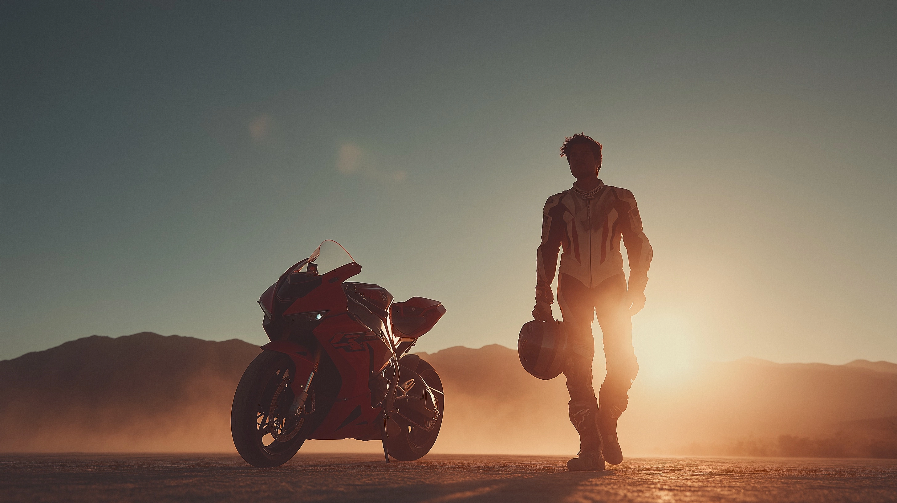 Hollywood premium commercial motorcycle advertising aesthetic, epic 360-degree orbit ending shot