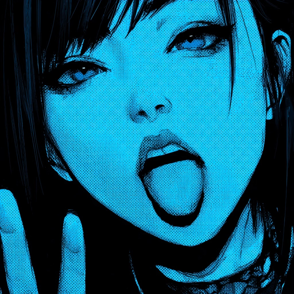 Anime punk hyper pop futuristic girl tongue out gang signs monochrome blue