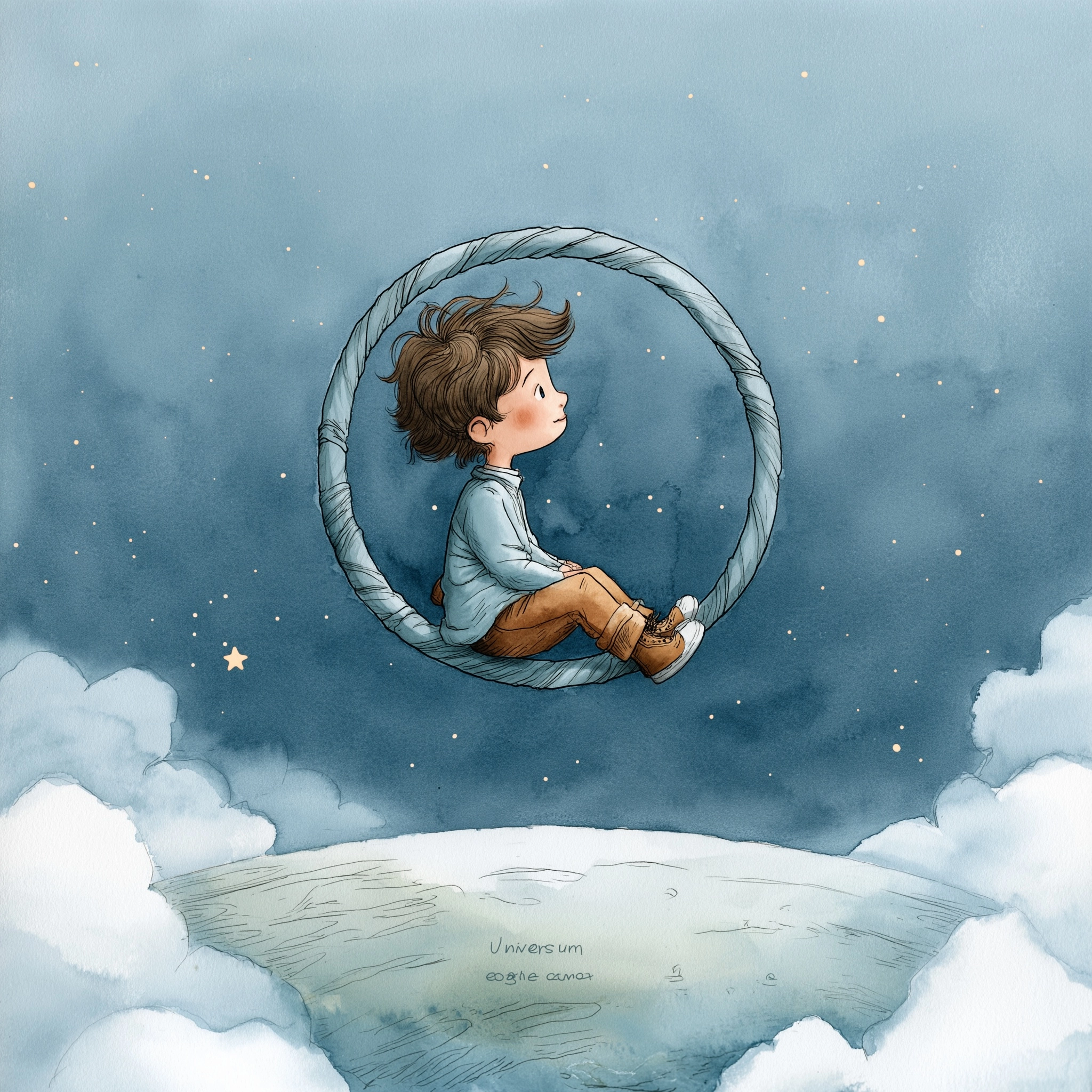 Aquarell kinderillustration.Ein Kind sitzt in einem Hula-Hoop-Reifen