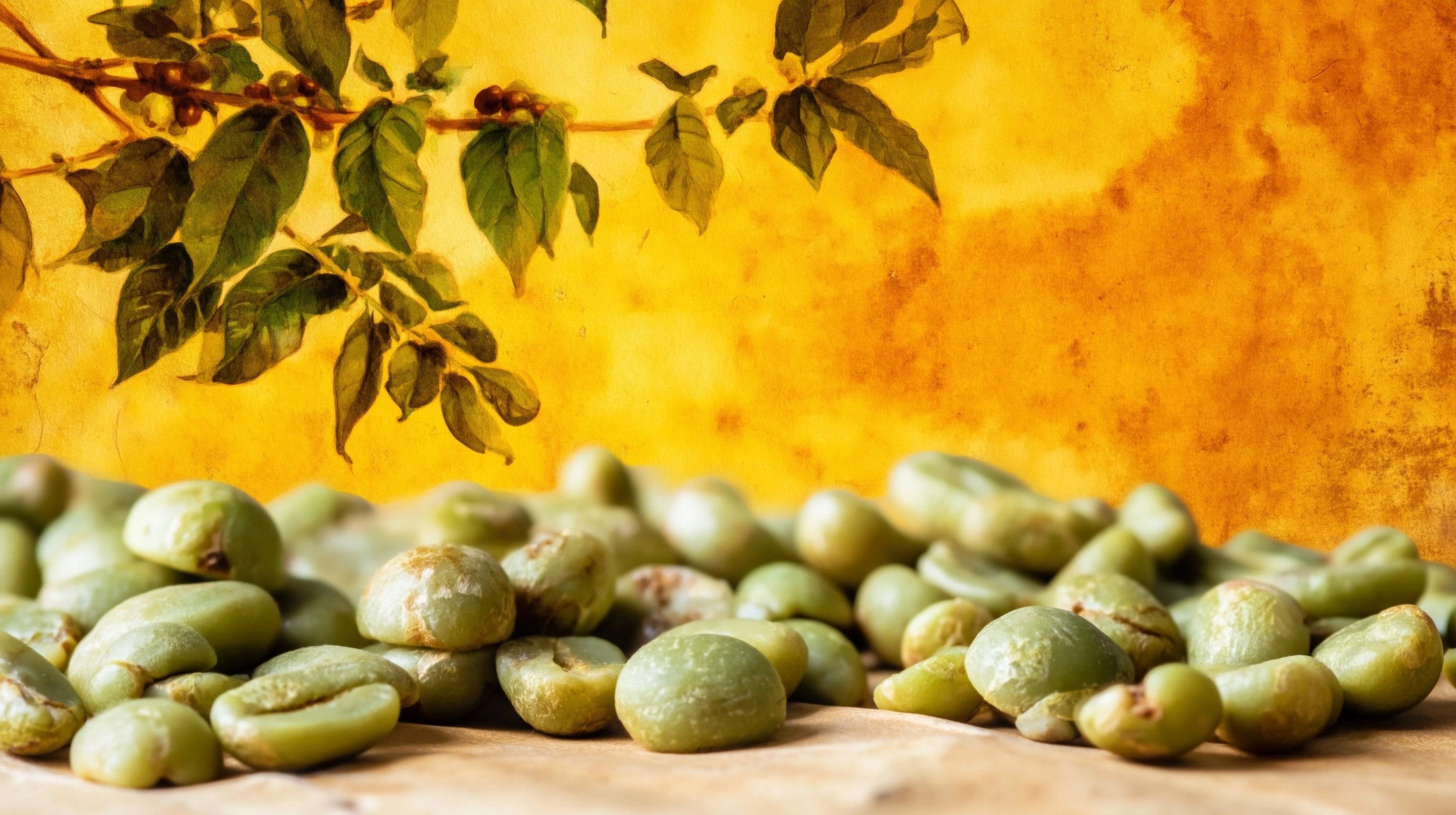 Artistic close-up of raw green coffee beans scattered on aged parchment paper with a branch of coffe