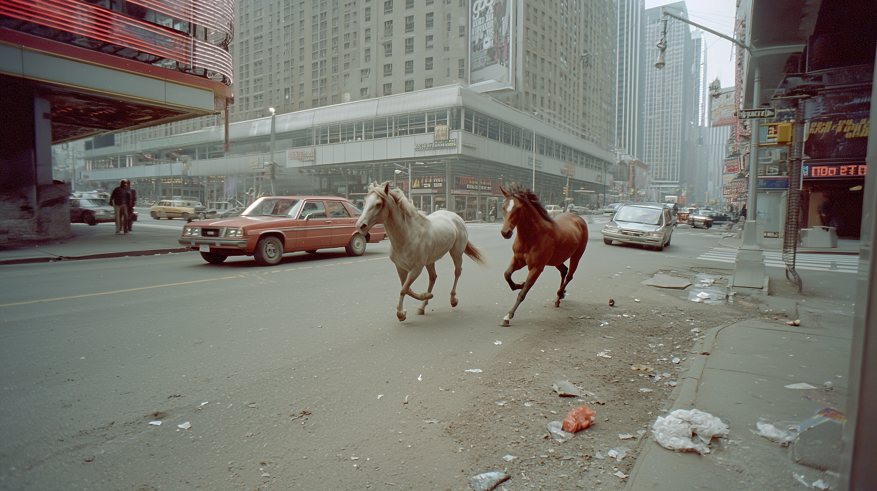 Areal snapshot of two horses highspeed chasing down times square new york, 1990ies