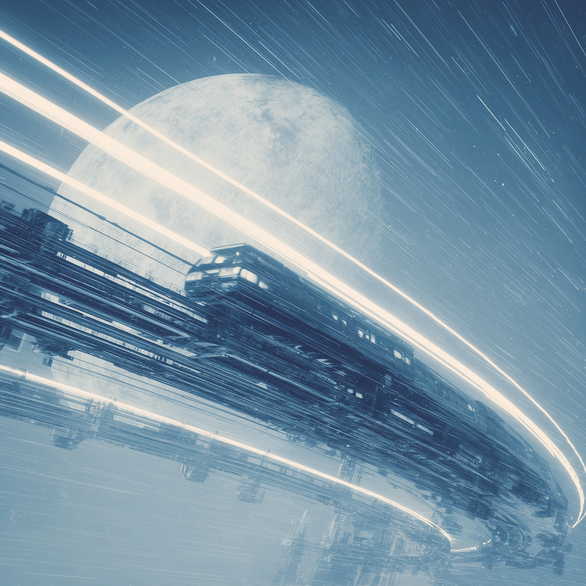 Astral train running to and from earth and moon that transits through an advanced massive low earth