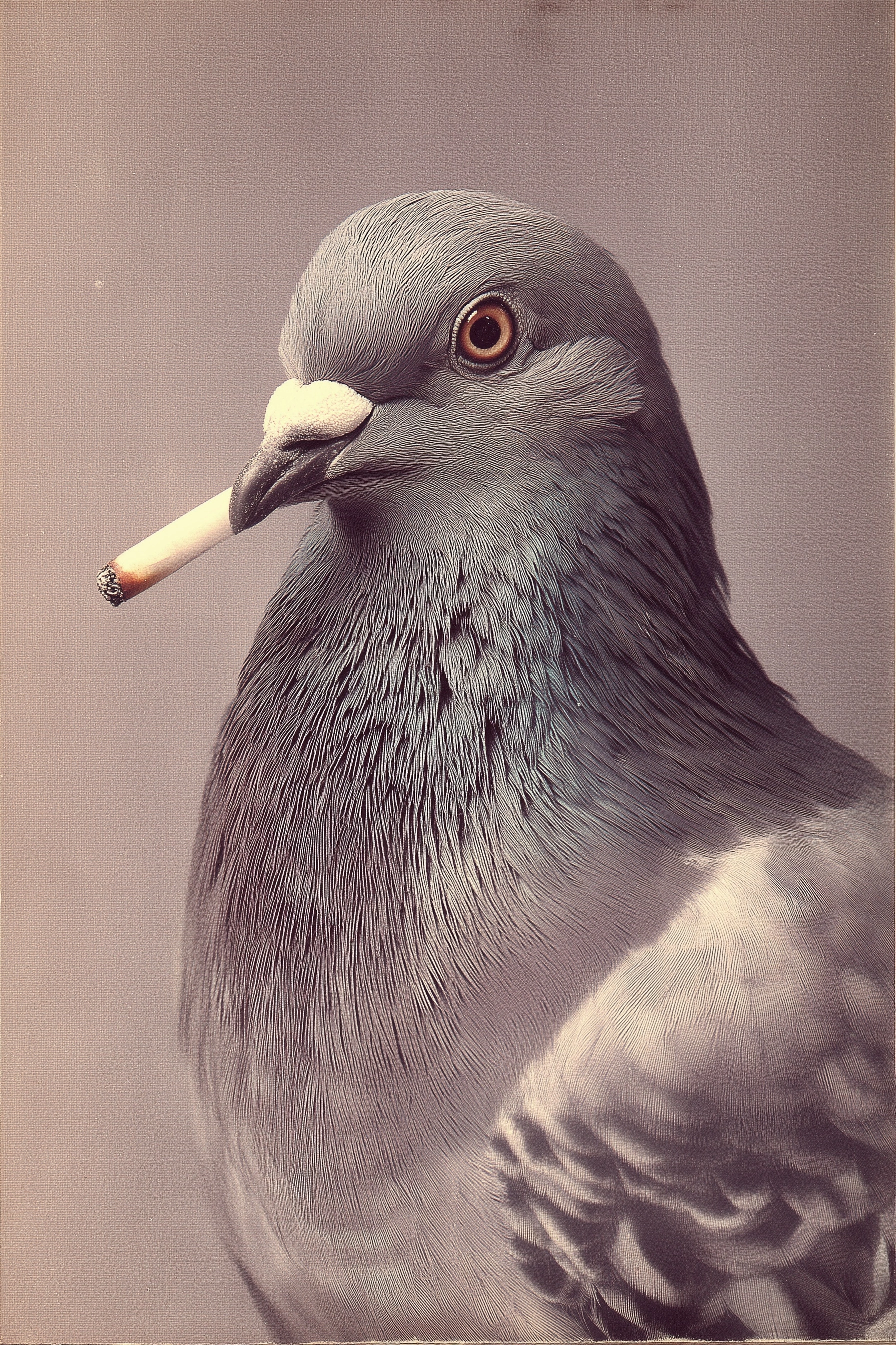 Authentic 1990s school photo of a pigeon smoking a cigarette that looks slightly too big for its bea