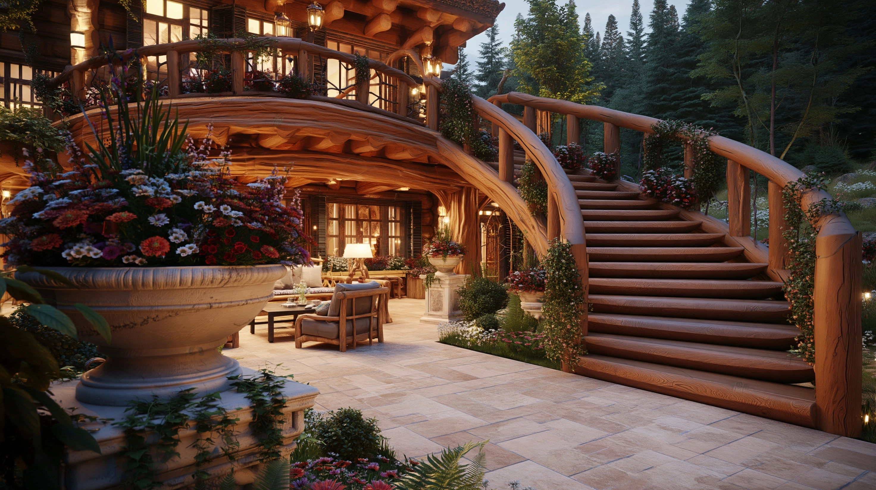 Backyard whimsical fantasy luxury log mansion with large curved log staircase leading up to the seco
