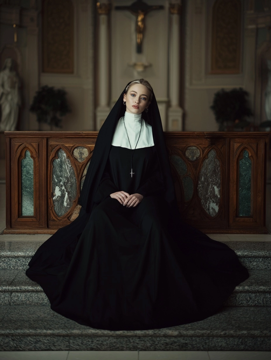 Beautiful young woman with full hips and full size dressed as a modern day warrior nun sitting on ch