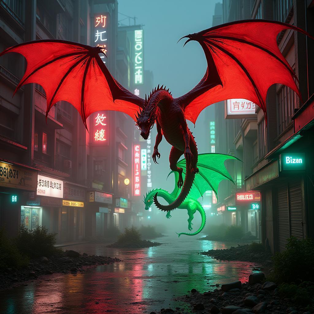 Red and Green Dragons Over Cyberpunk City