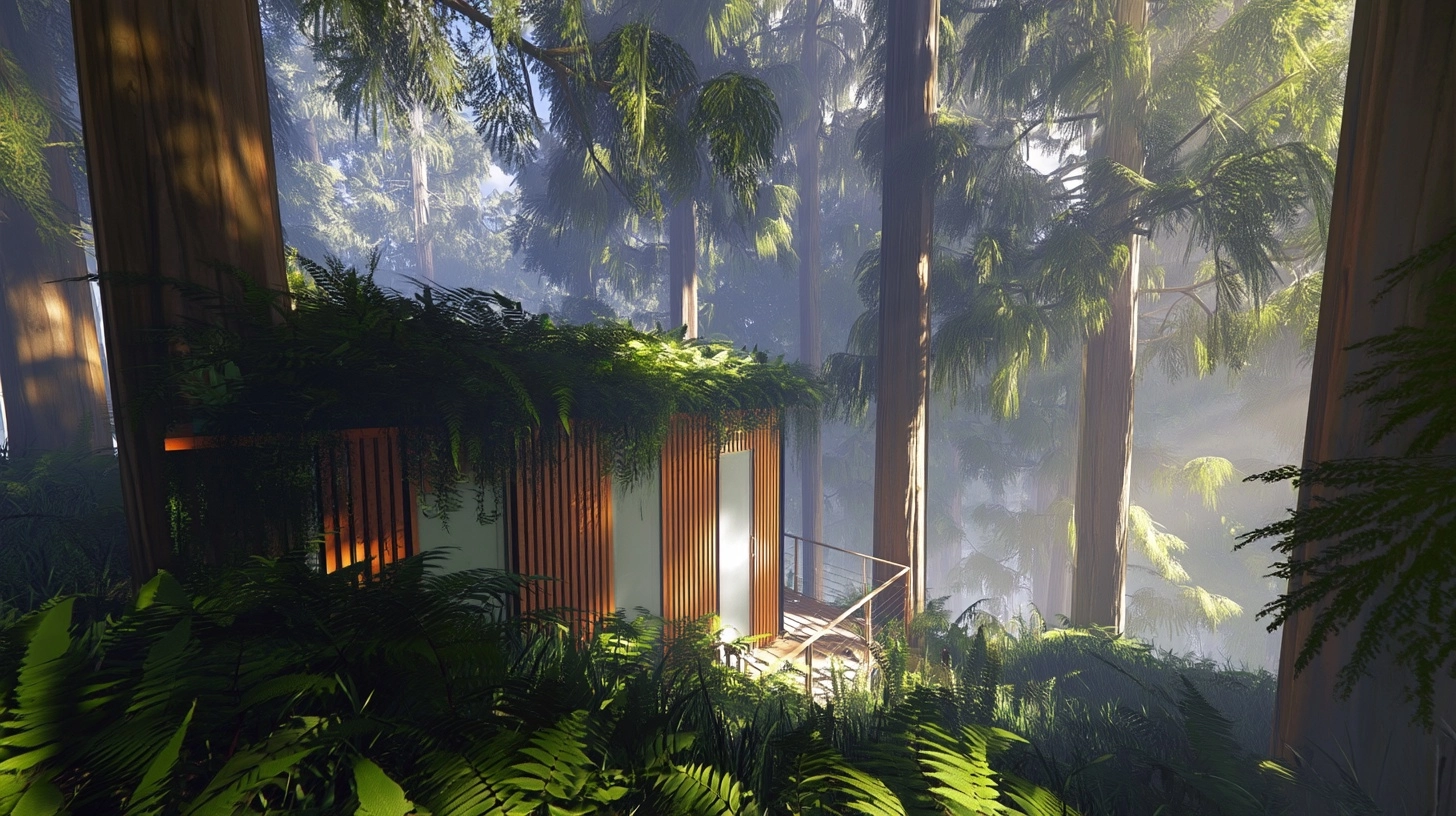 Biophilic small public restroom facility in a lush Jeju cedar forest. Vertical cedar wood slats faca