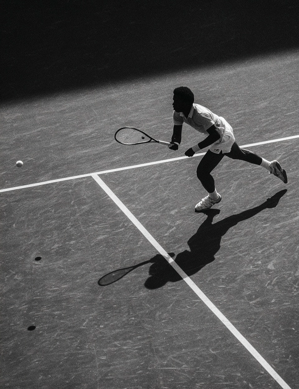 Black and white photograph of the iconic shot from the match between courtside