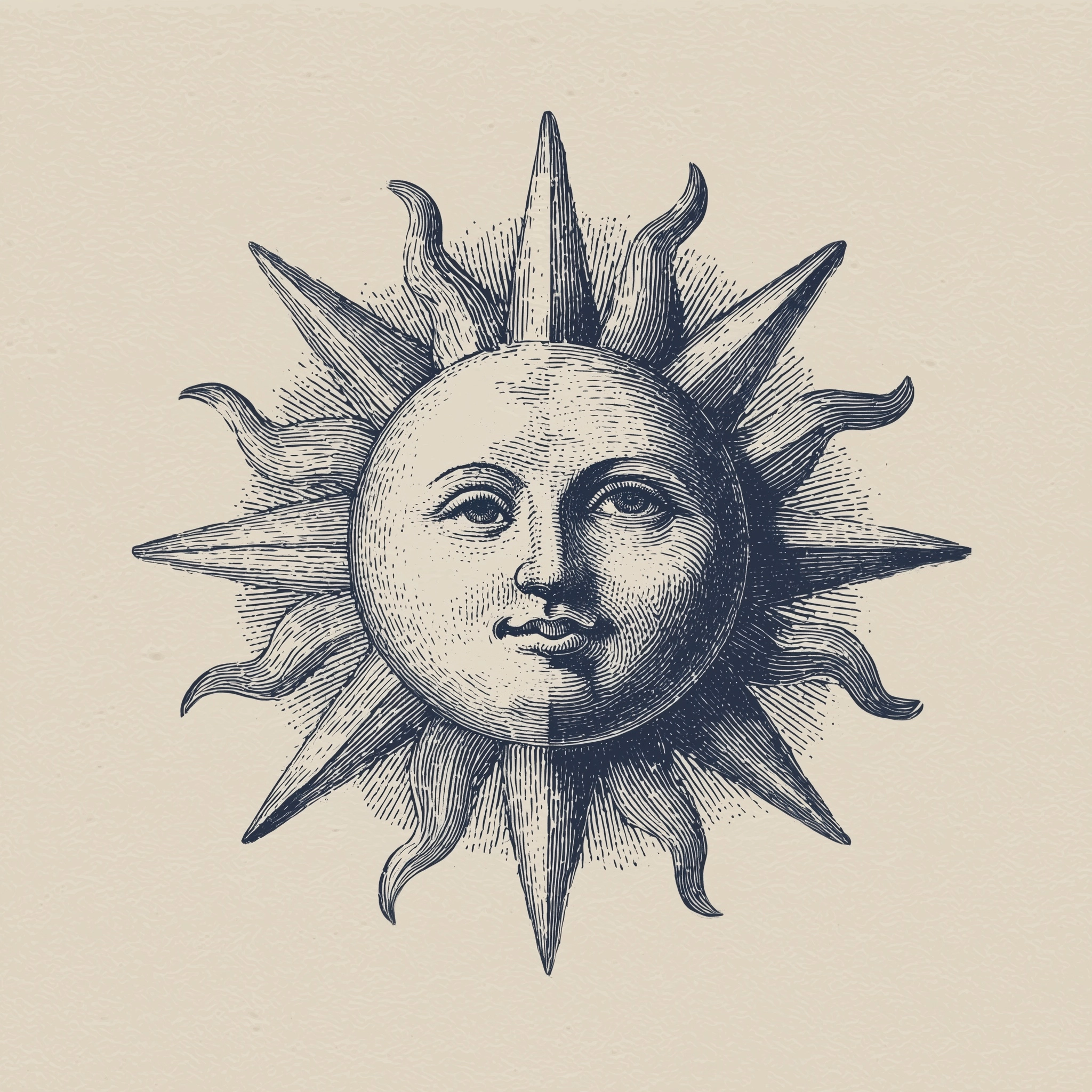 A vintage illustration of half a sun with a face. clean and simple design, plain background