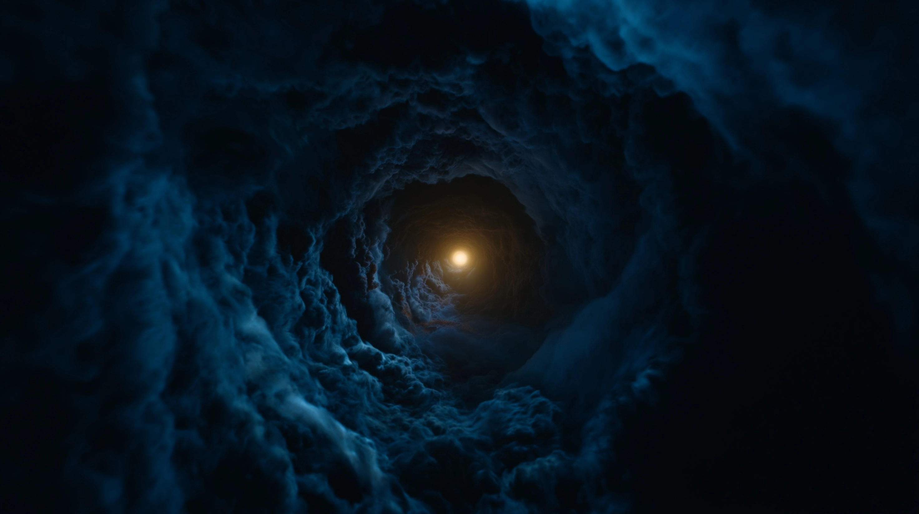 Camera flying forward through a dark cosmic tunnel of swirling deep blue and black nebula clouds