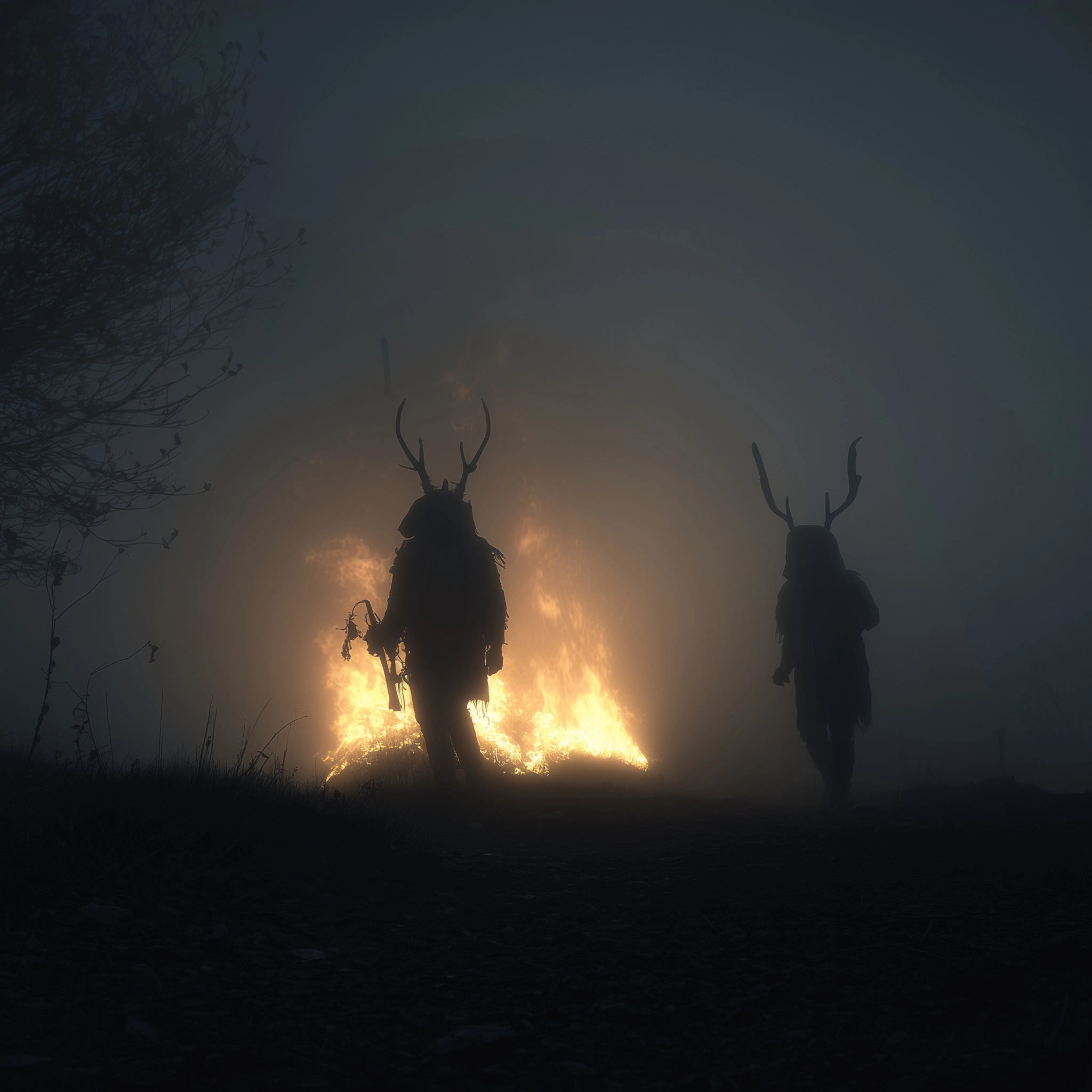 Horned masked men dancing in the fire, fog, horror cinematography