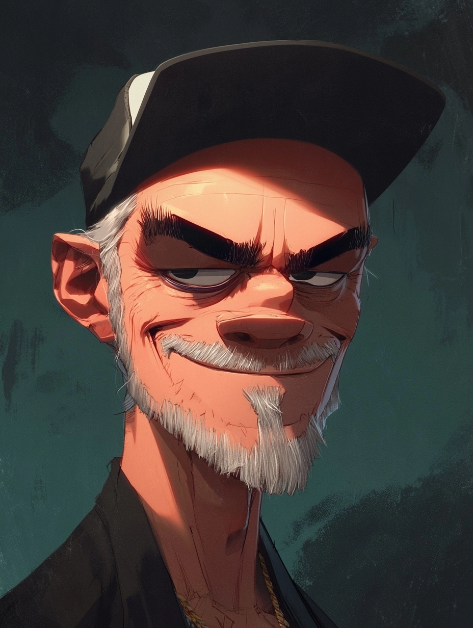 Cel shaded cool looking smirking middle aged guy gray hair short beard in a cap neo modern cartoon