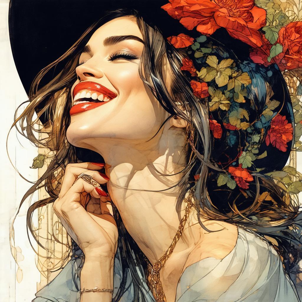 Megan Fox Laughing in Mucha Style Fashion