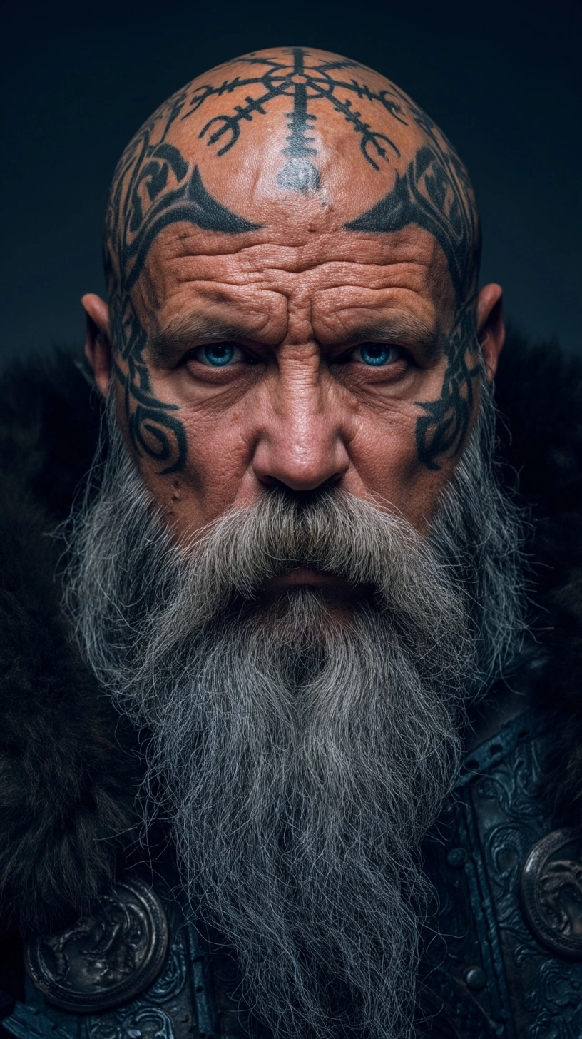 Cinematic close-up portrait of a fierce bald Viking chieftain, intense stare directly at camera