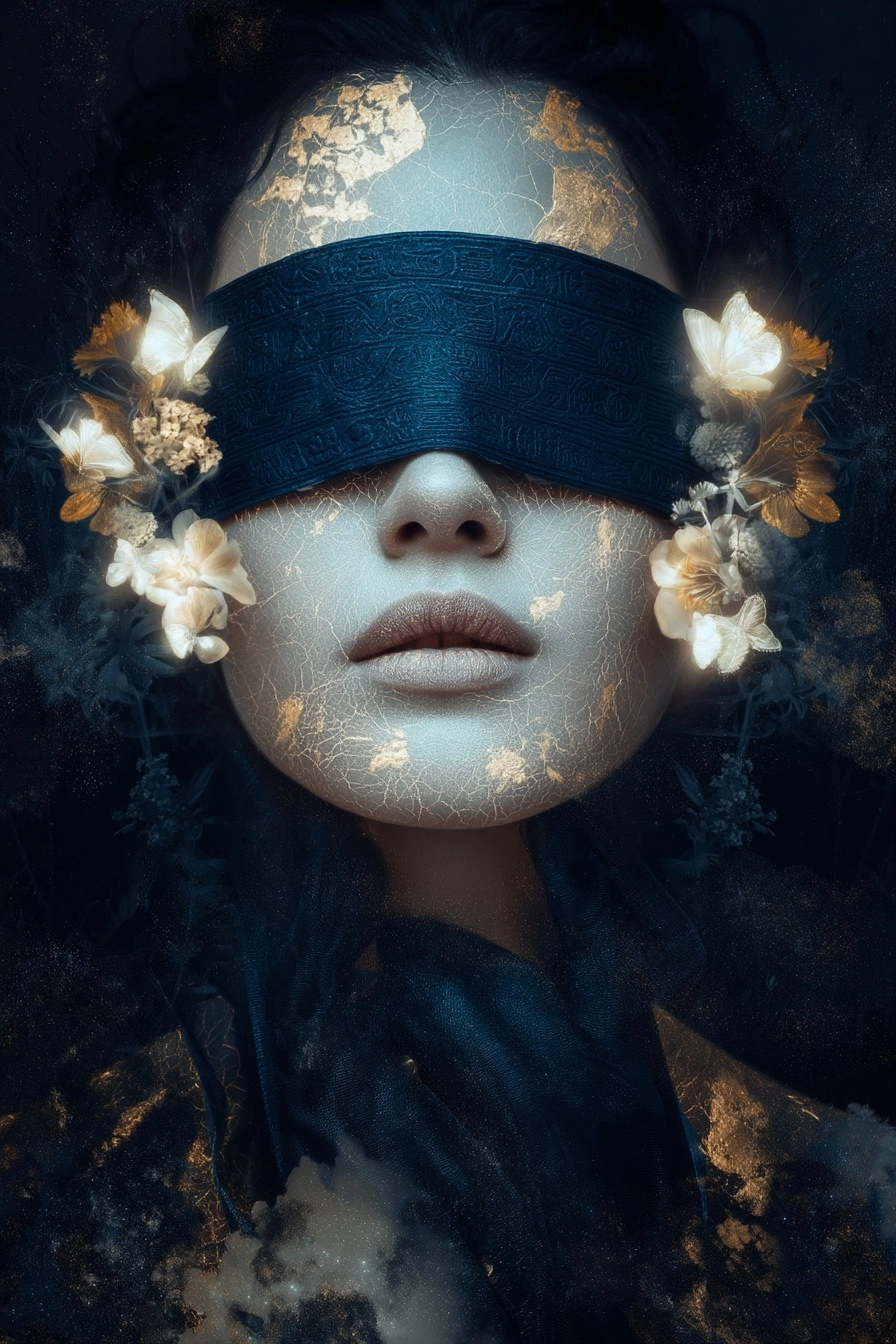 Surreal portrait of a mysterious woman, face partially covered with an ornate dark blue blindfold en