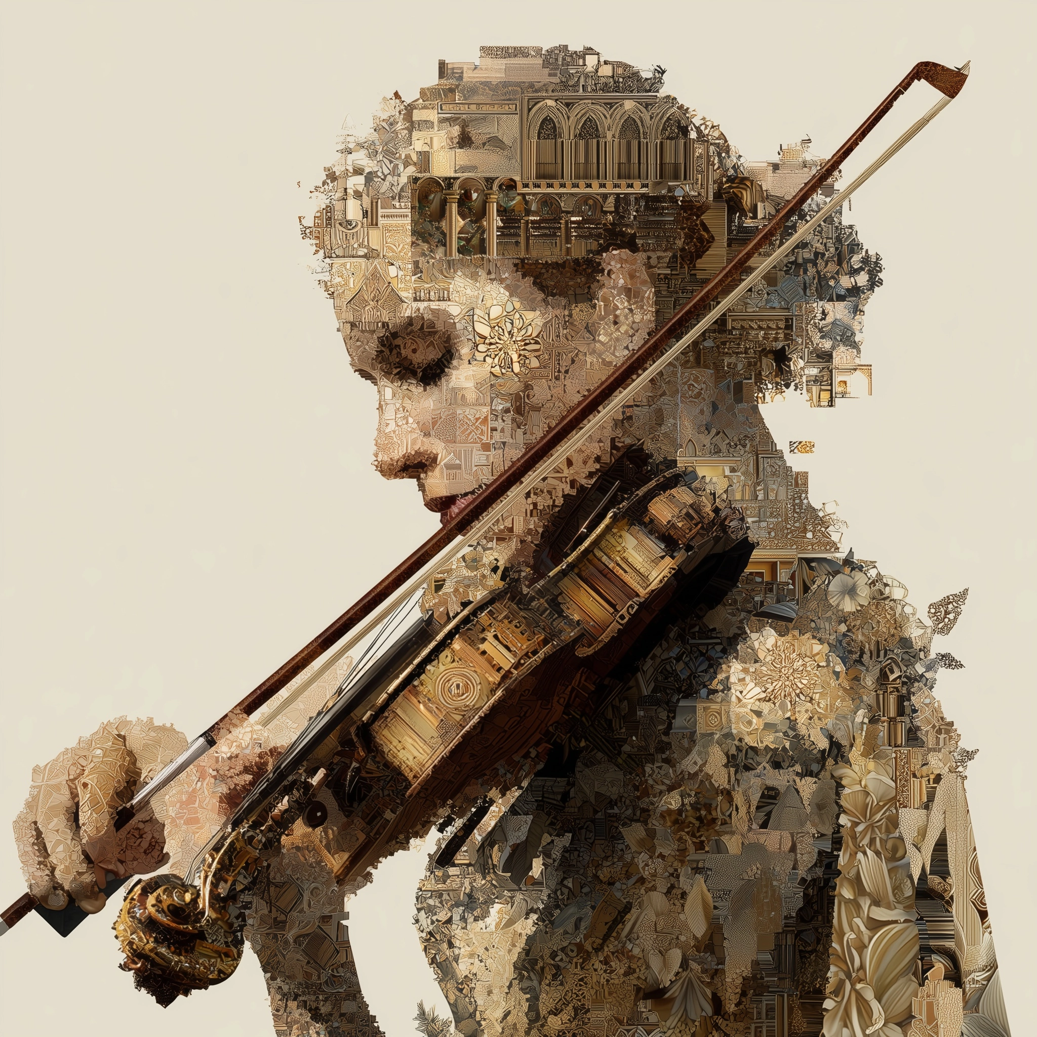 Create a sophisticated symbolic portrait of a female violinist positioned on the RIGHT side of the c