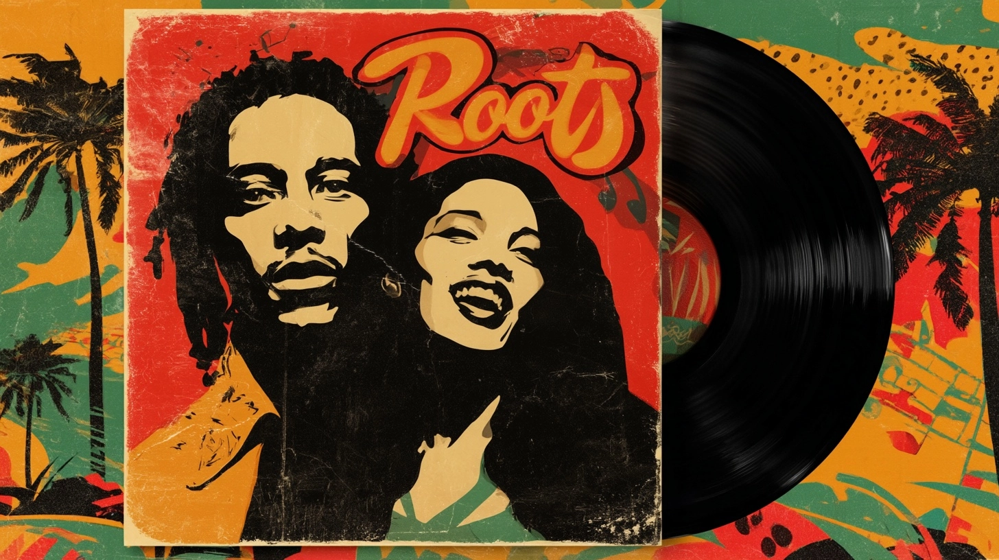 Create a vintage reggae album cover in the style of the 1970s and 1980s. It should feel authentic