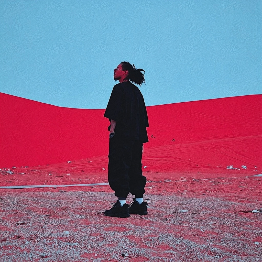 Create an image of this person but in a moody colorful dystopian desert