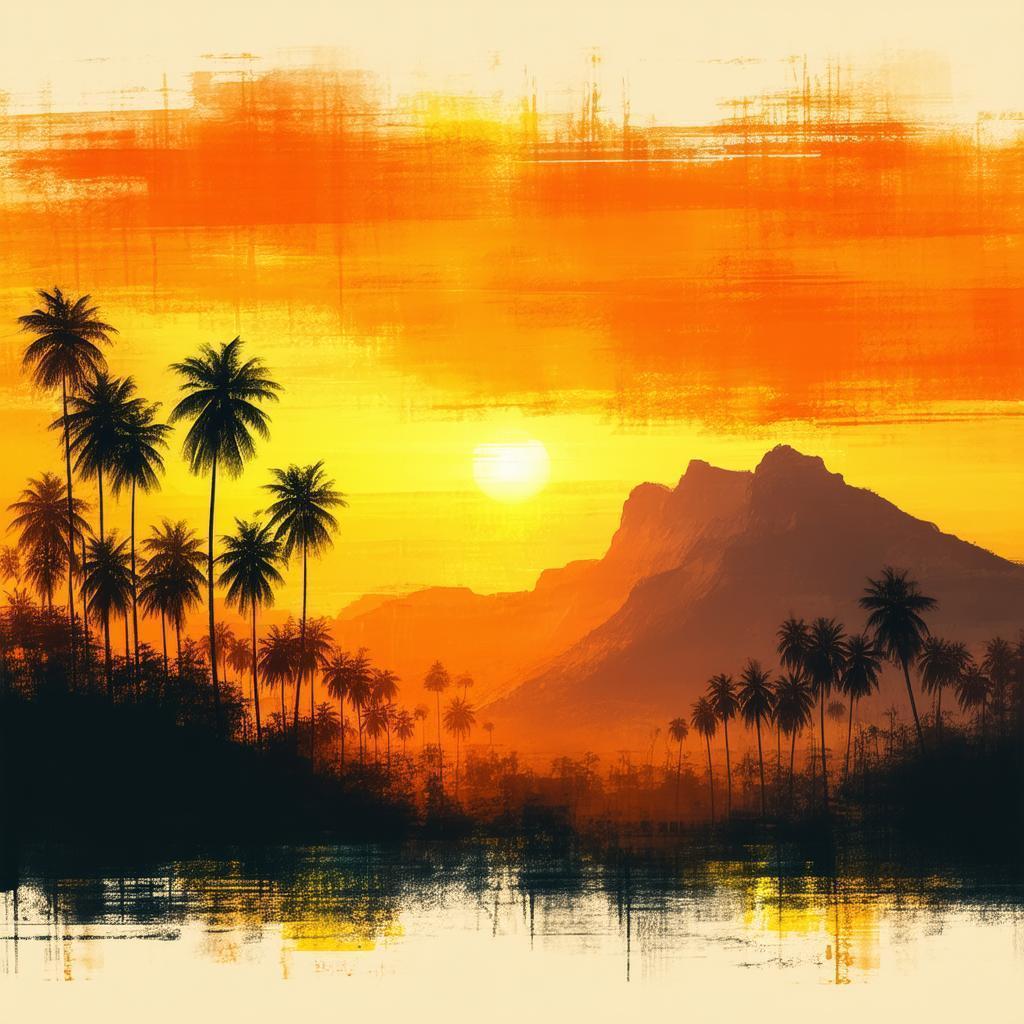 Painterly Sunset of Palms and Rugged Peaks