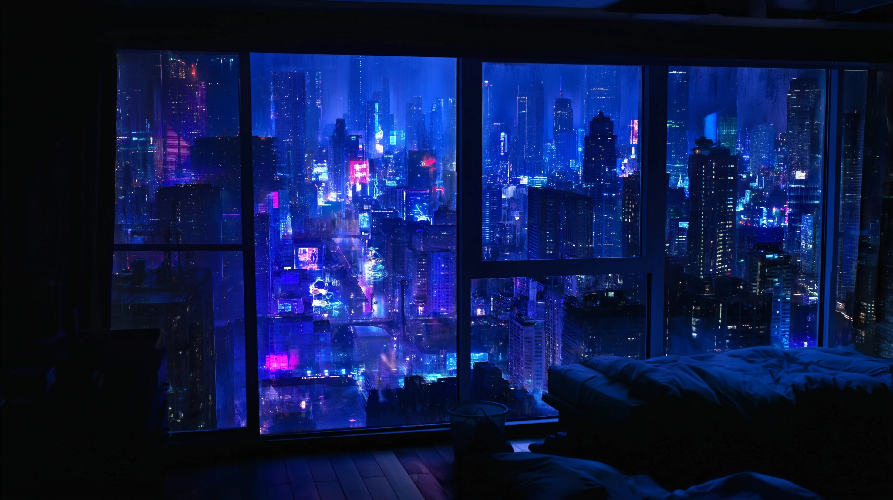 Cyberpunk neon city skyline at 3am seen from a dark apartment window