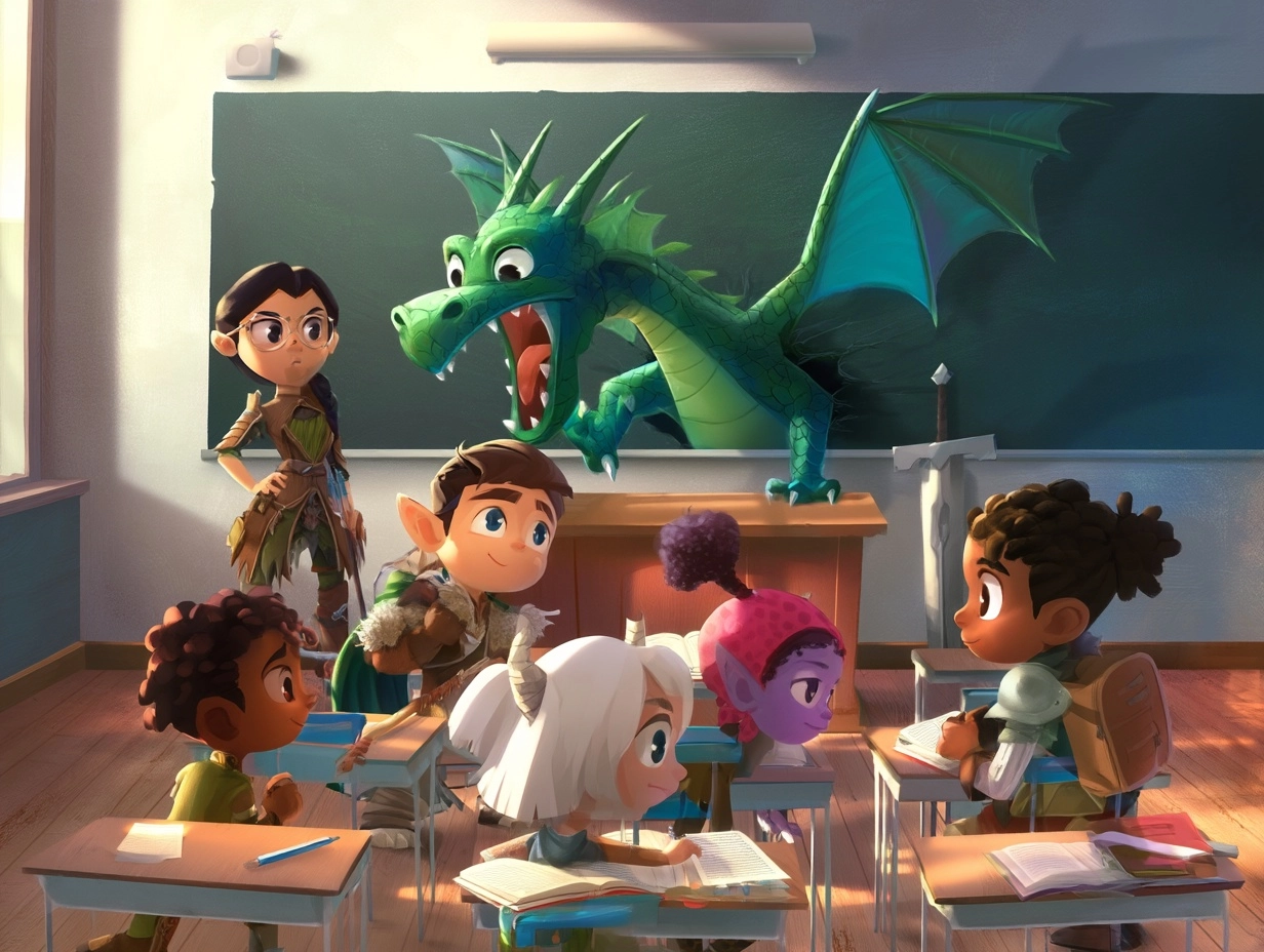 D&D characters as students preparing to battle a dragon coming out of a blackboard in a classroom re