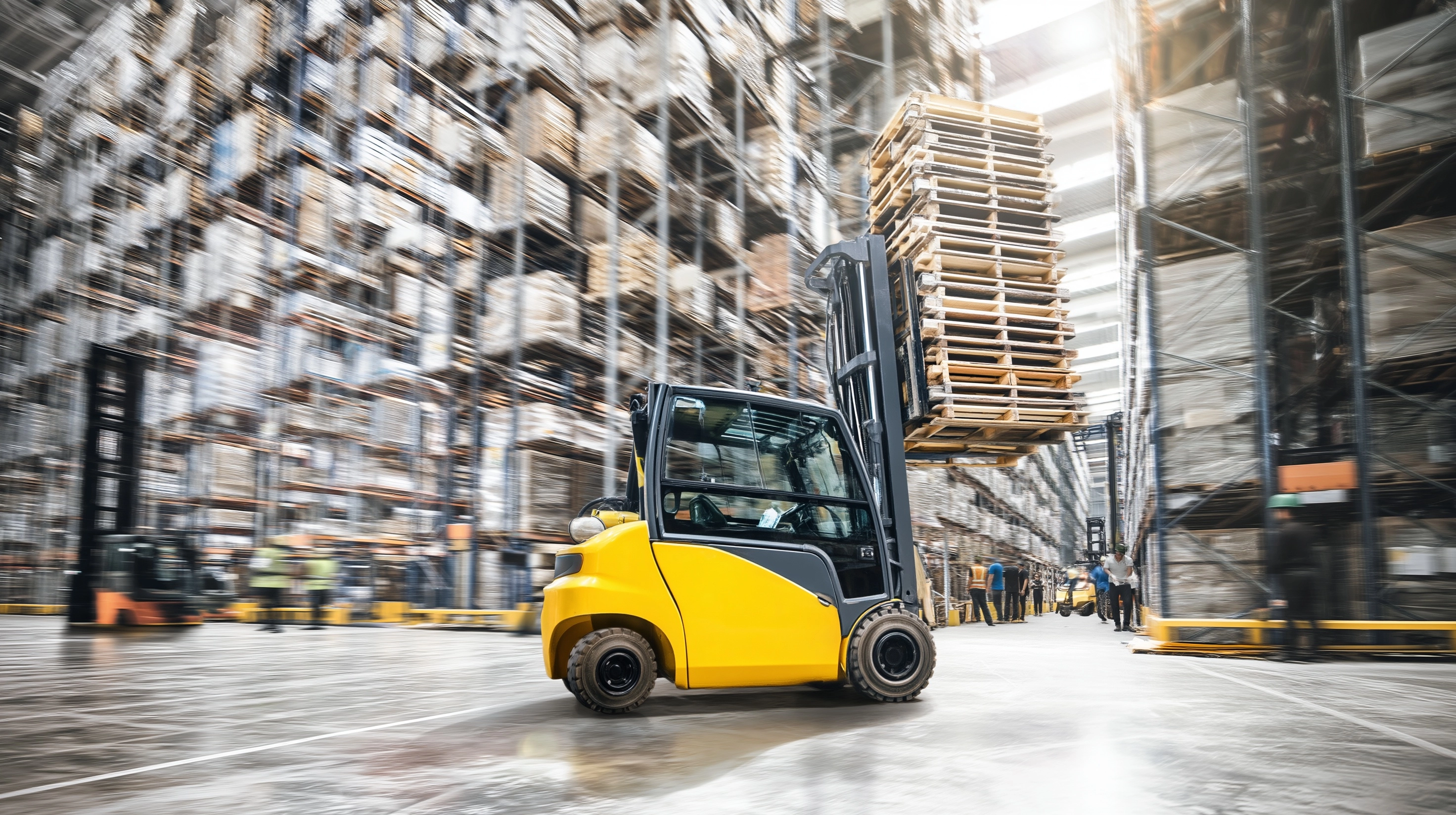 Detailed yellow industrial forklift carrying heavy wooden pallets driving through a massive bustling