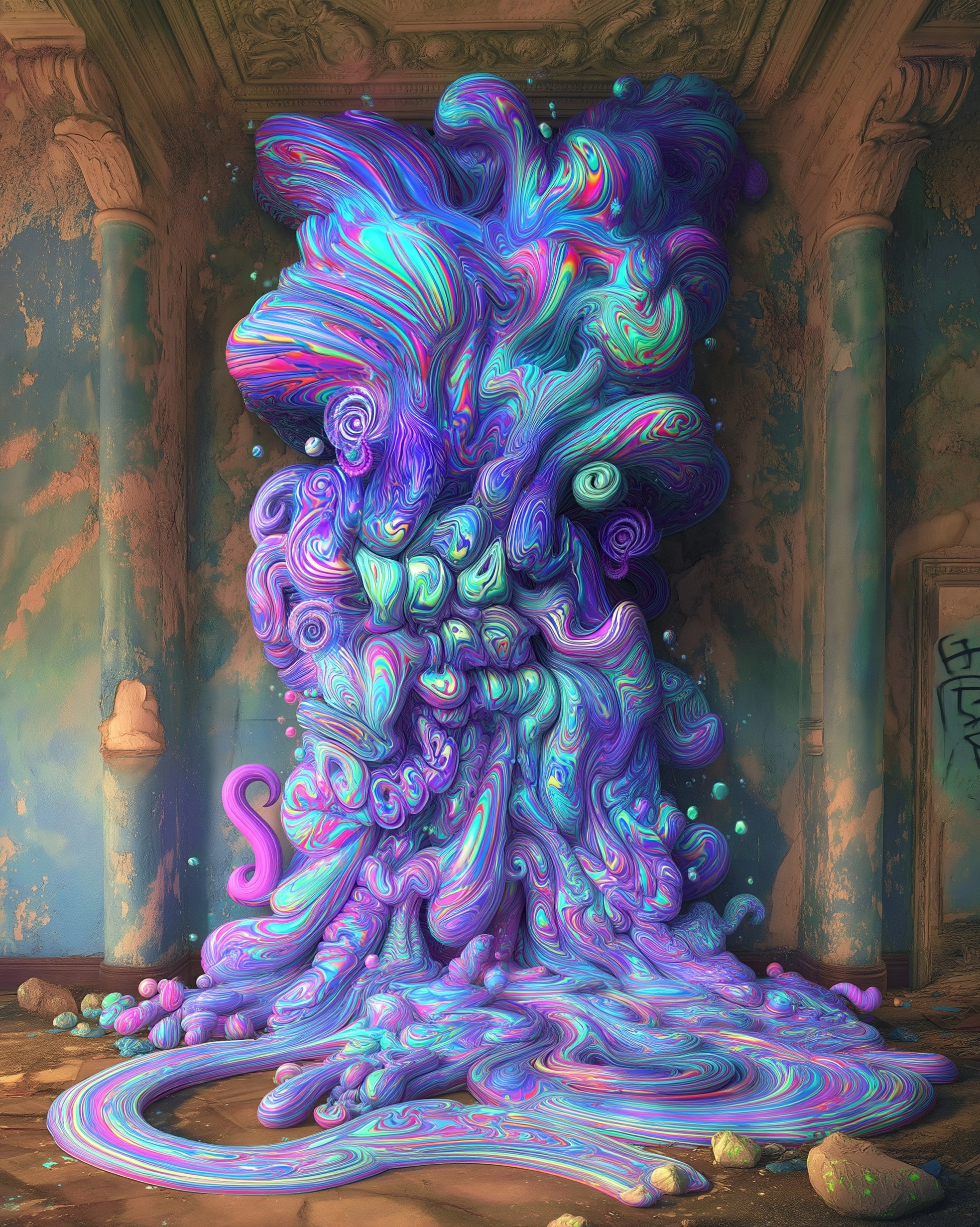 Digital illustration colorful graffiti text and letters coming alive , crawling out from a wall