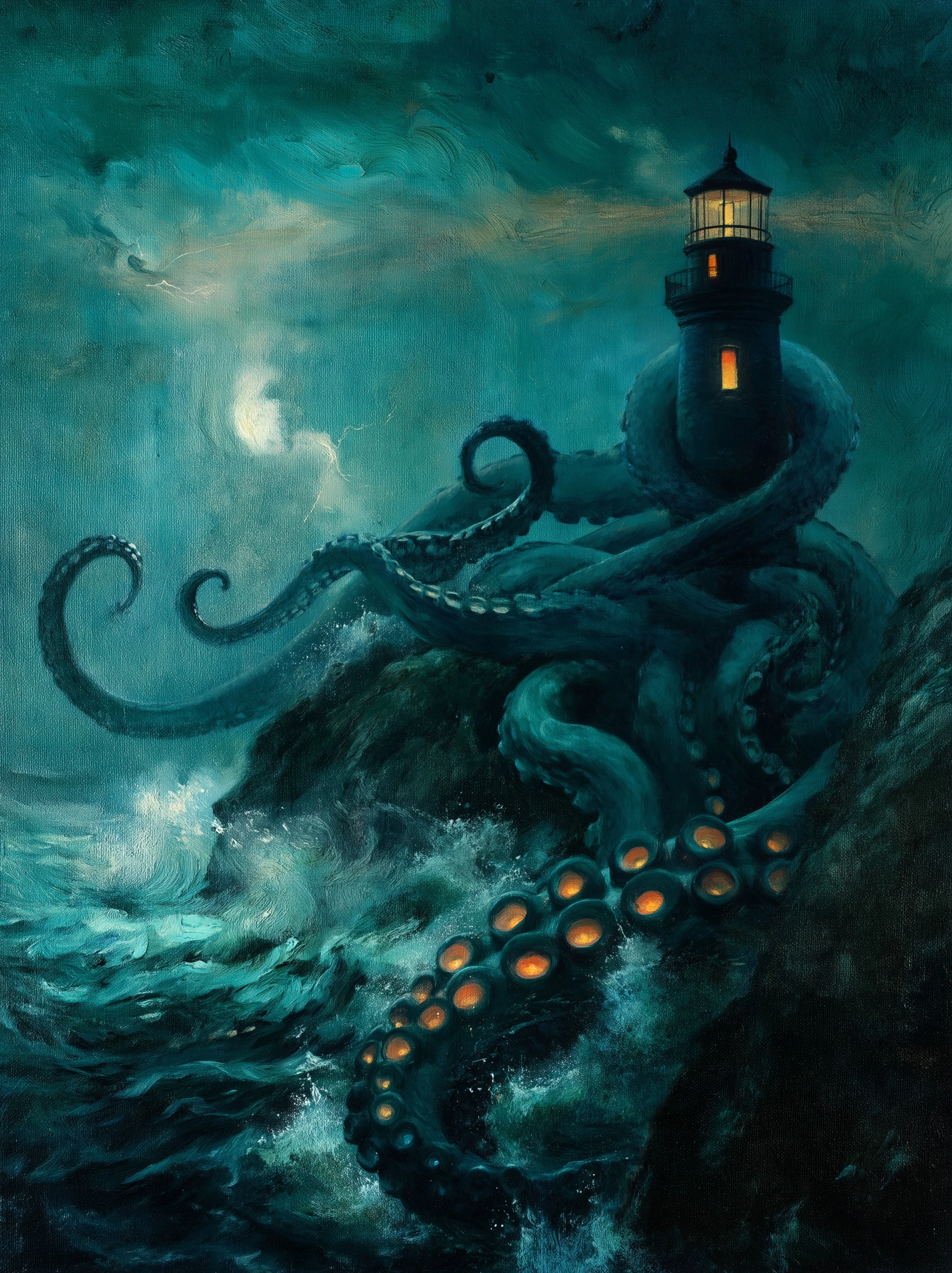 Dramatic oil painting of a massive kraken attacking a lone lighthouse on a rocky cliff