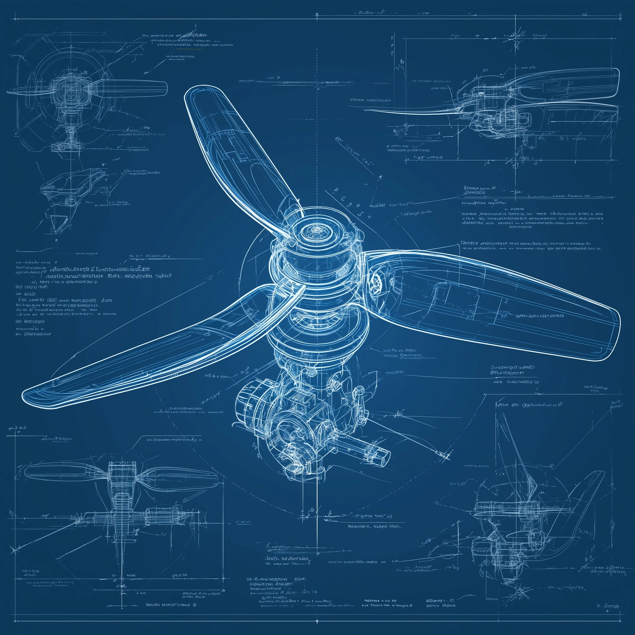 Editorial technical blueprint of a two-blade drone propeller with visible hub, motor shaft