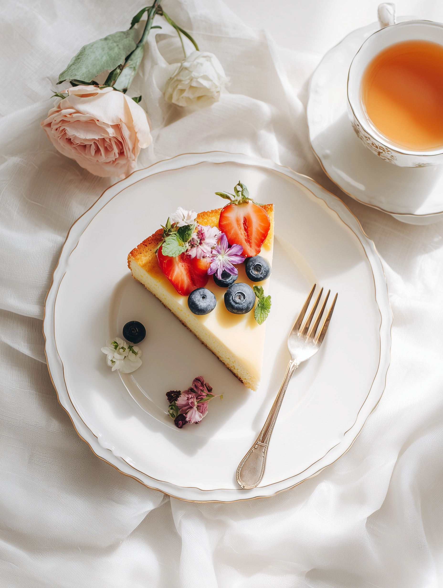 English cake with sunligh moderne photo on white table on white linen top view