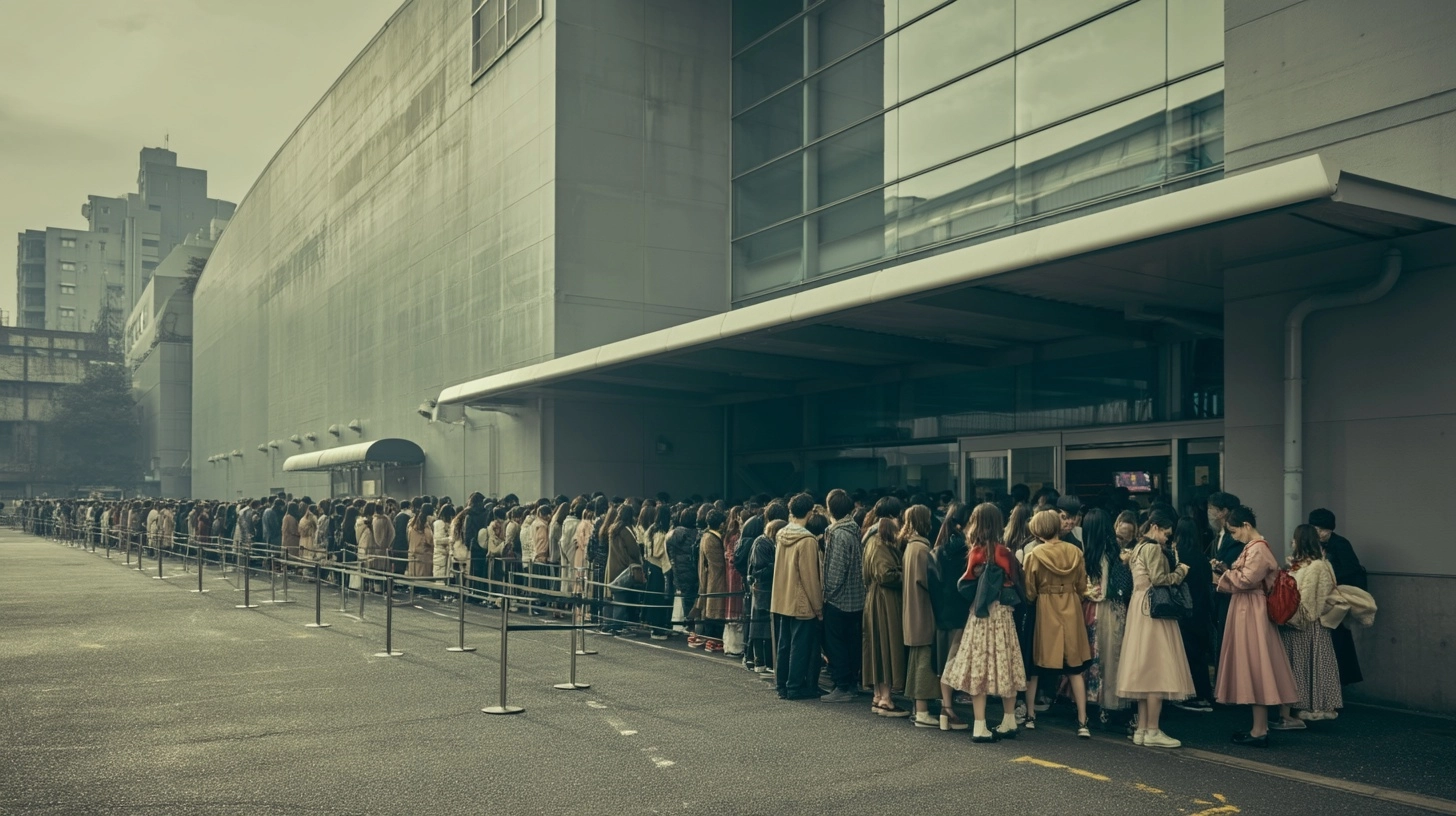 Exterior of a Japanese indoor event venue hosting a solo idol handshake event
