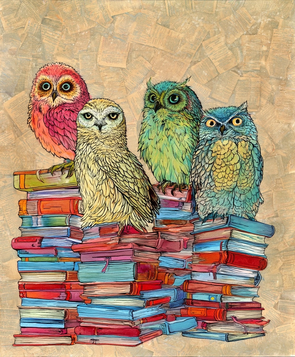 Four whimsical wise old owls sitting on top of a pile of books, bright watercolors