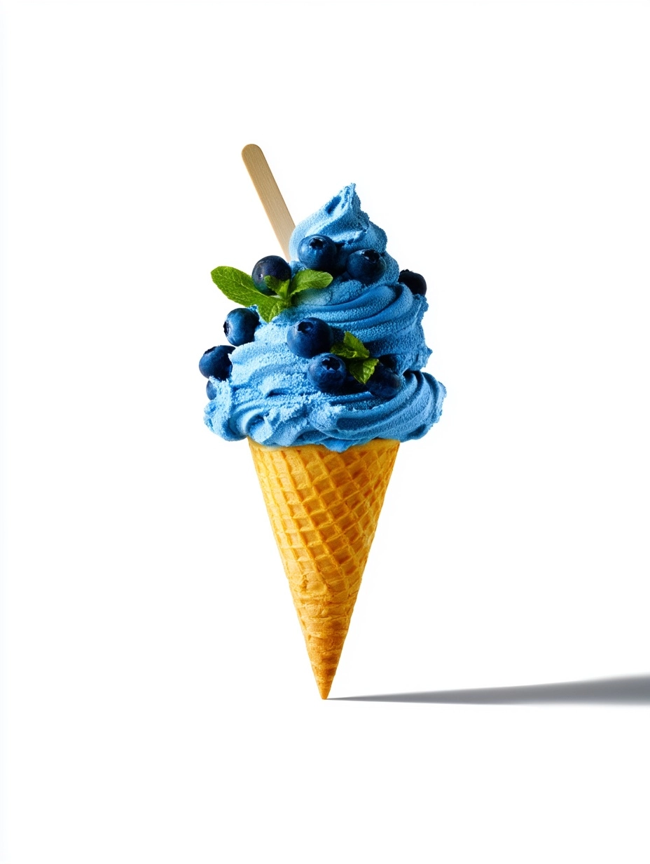 Front view of soft serve blueberry ice cream in a waffle cone garnished with fresh blueberries and m