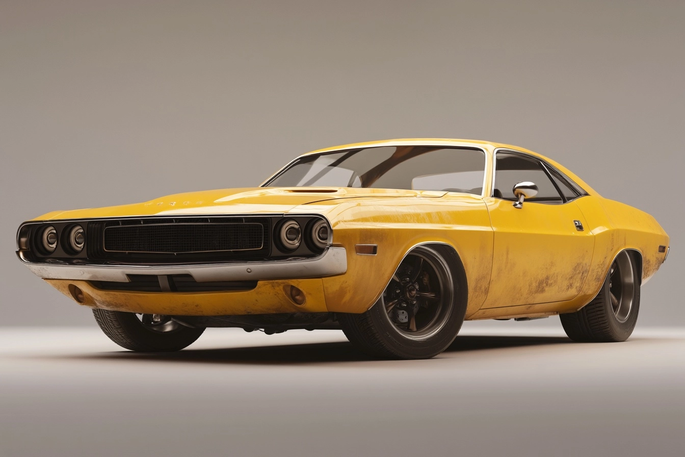 Full body animated-render of a yellow anthropomorphic muscle car