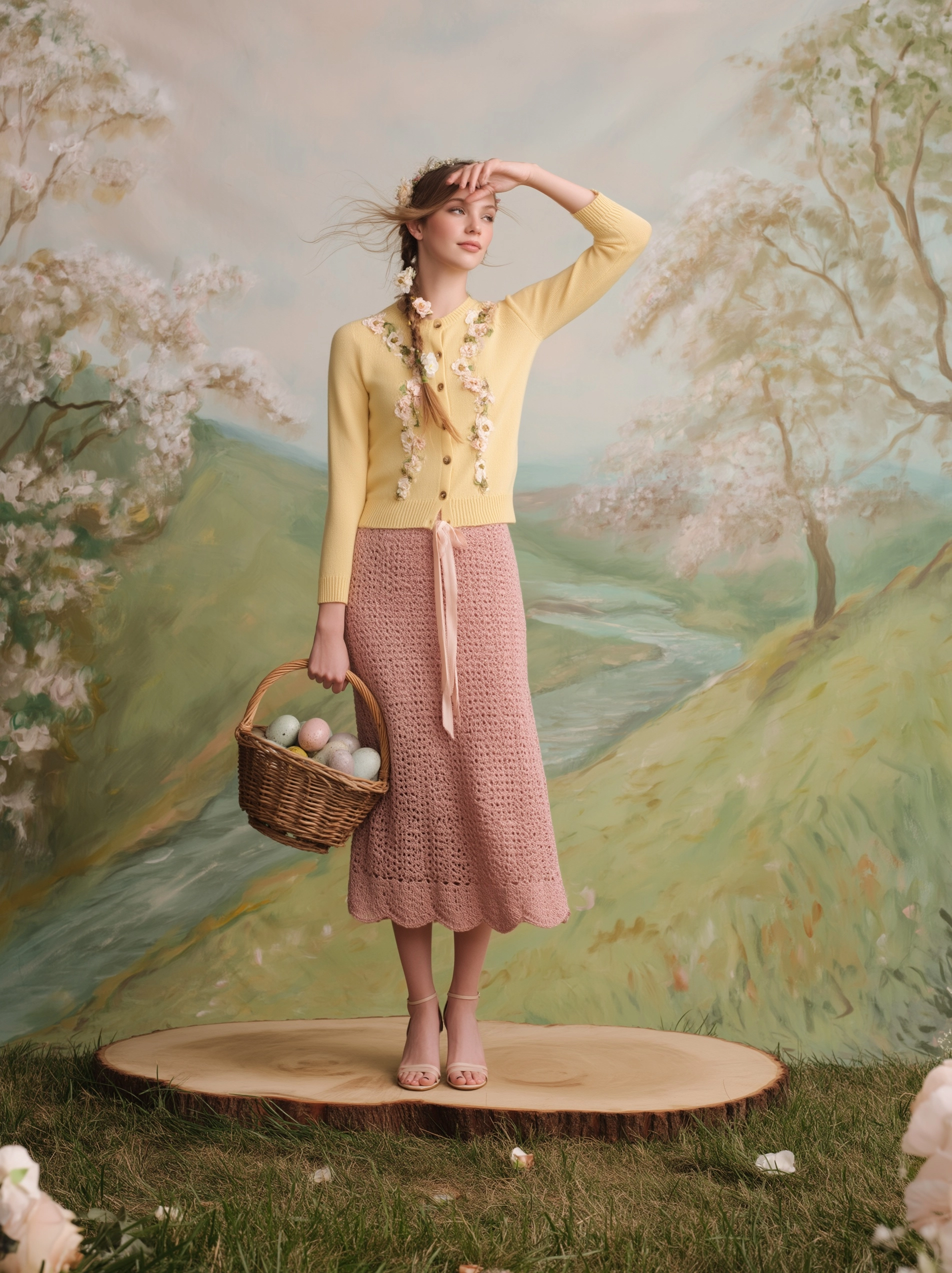 Full-body editorial fashion photograph of a slim young woman standing on a wide flat tree stump. She
