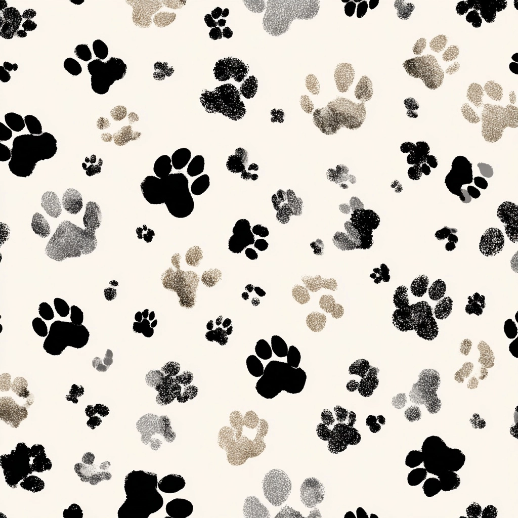 Generate some floor plans featuring randomly arranged cat paws of varying sizes on a white backgroun