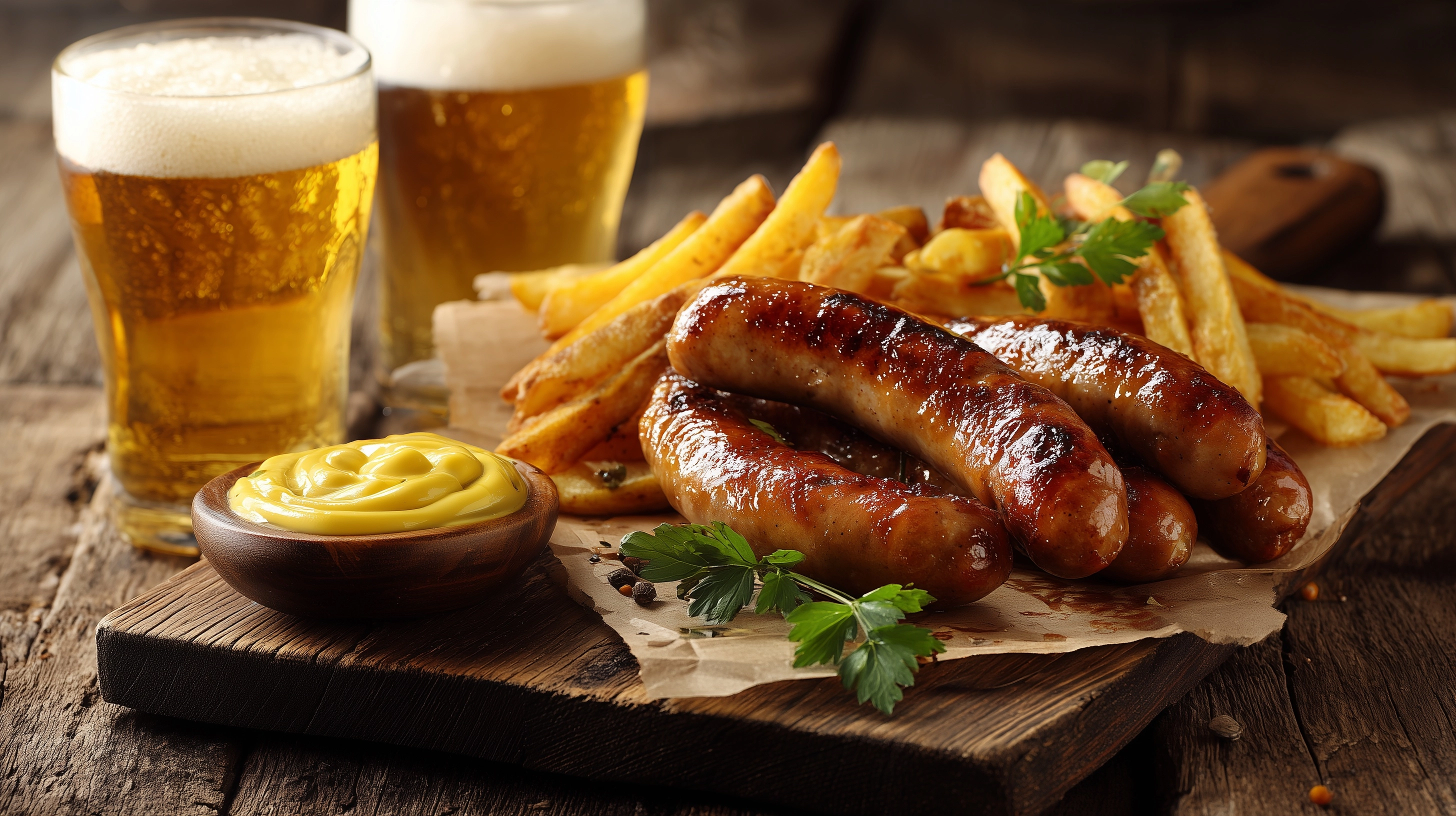 Grilled sausages and fries served on a wooden board with mustard
