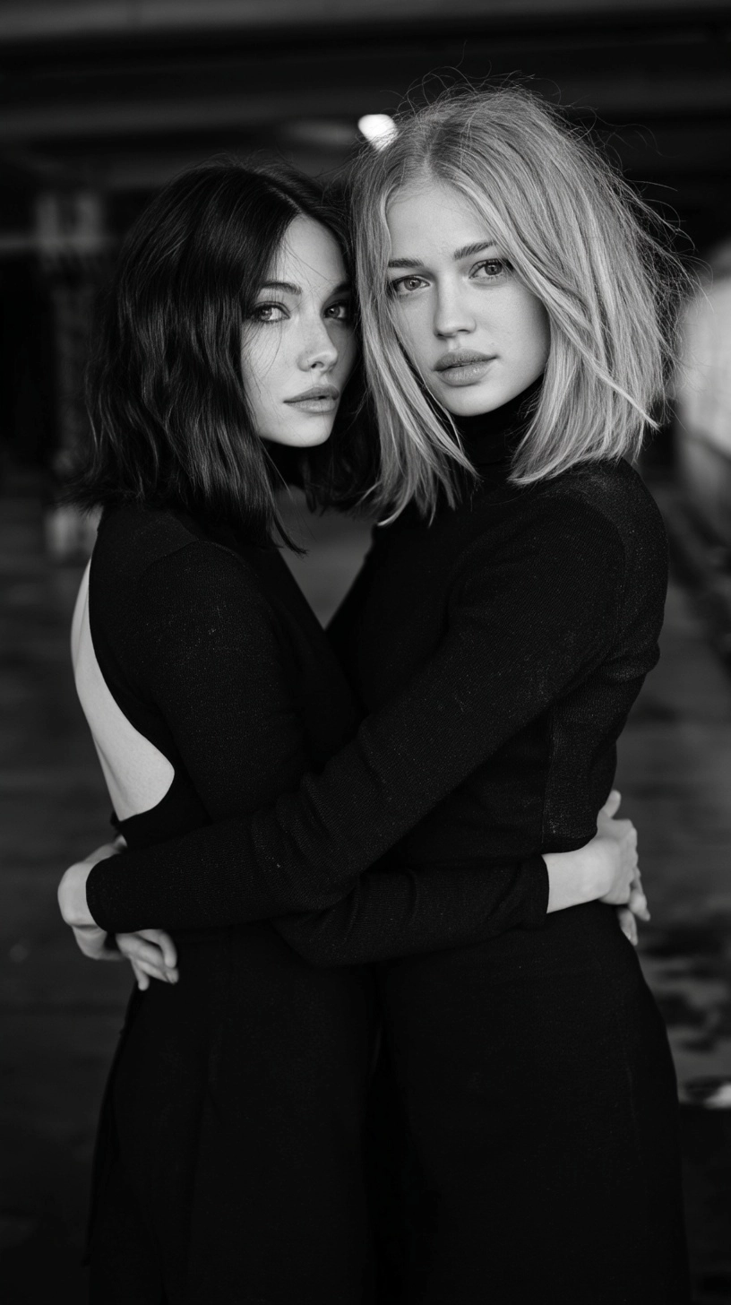 Gritty black and white photo of a two emotional women in her 30’s in all black, embracing