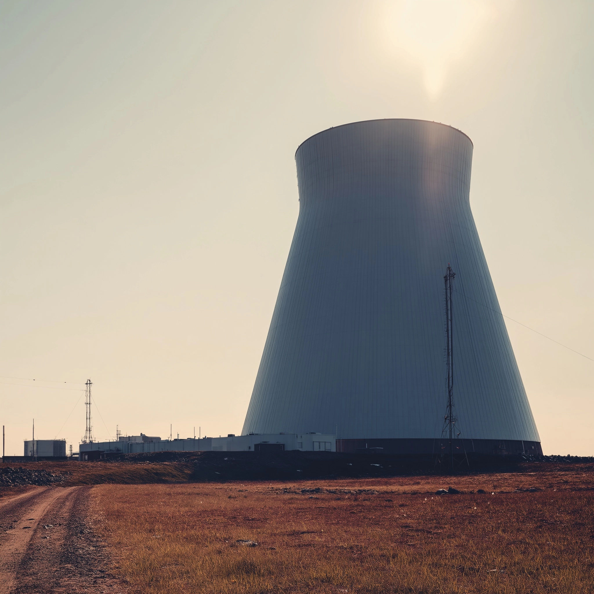 Hi-tech nuclear reactor on a sunny morning in a northern landscape. Early morning moody documentary