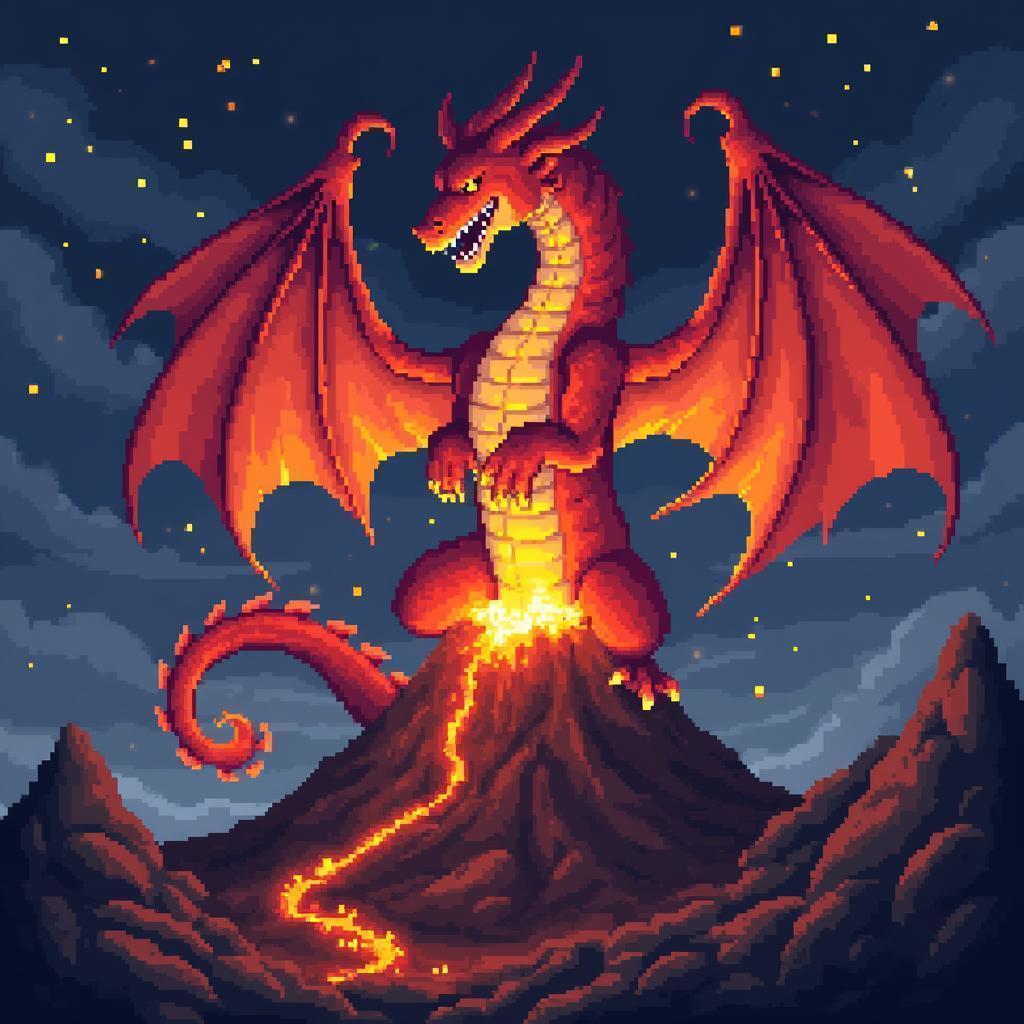 Blocky Fire Dragon Over a Night Volcano