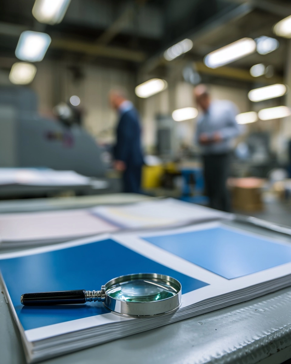 Hyper-realistic editorial-style photograph in a high-end French offset printing facility