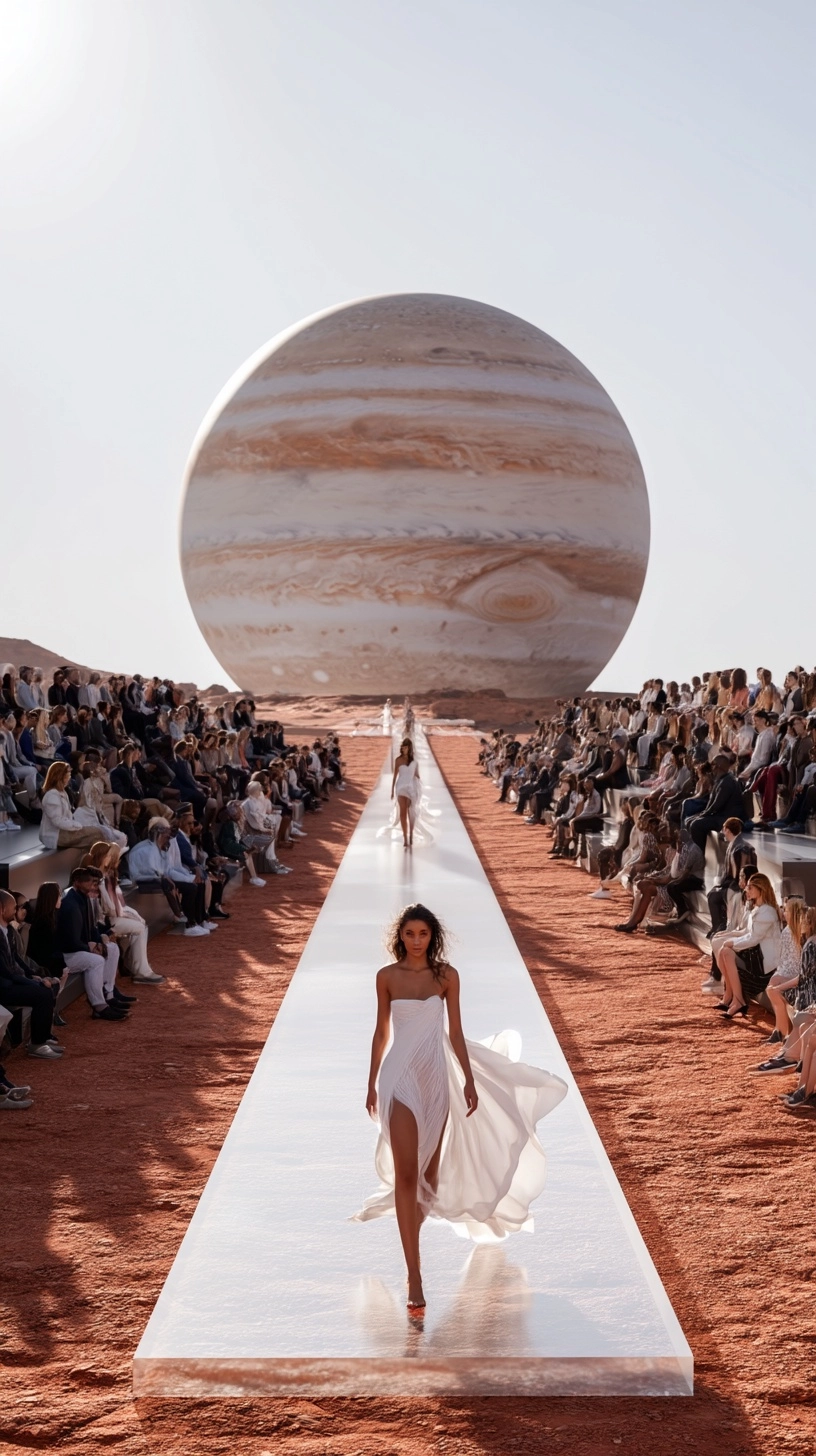 Hyper-realistic high-fashion runway show taking place on the bright surface of Mars under a clear pa