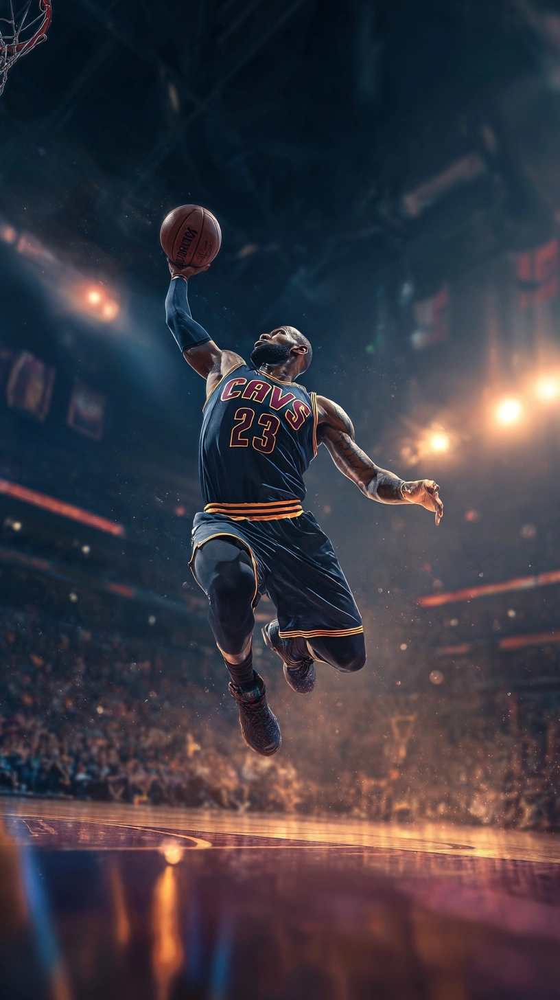 Ultra realistic cinematic sports photo of a famous basketball player in mid-air about to score