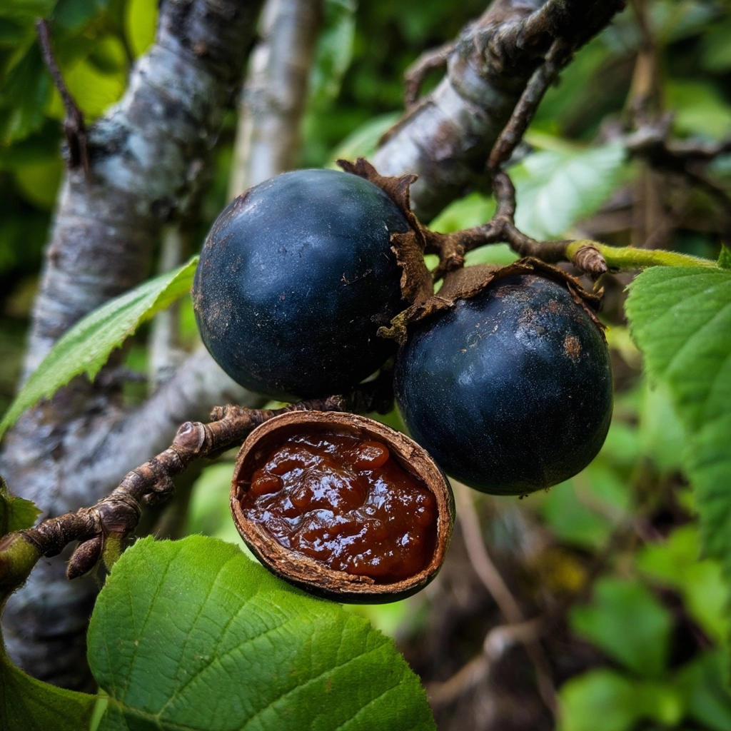 Large black hard-shelled nuts on a twisted hazel tree in a sheltered valley