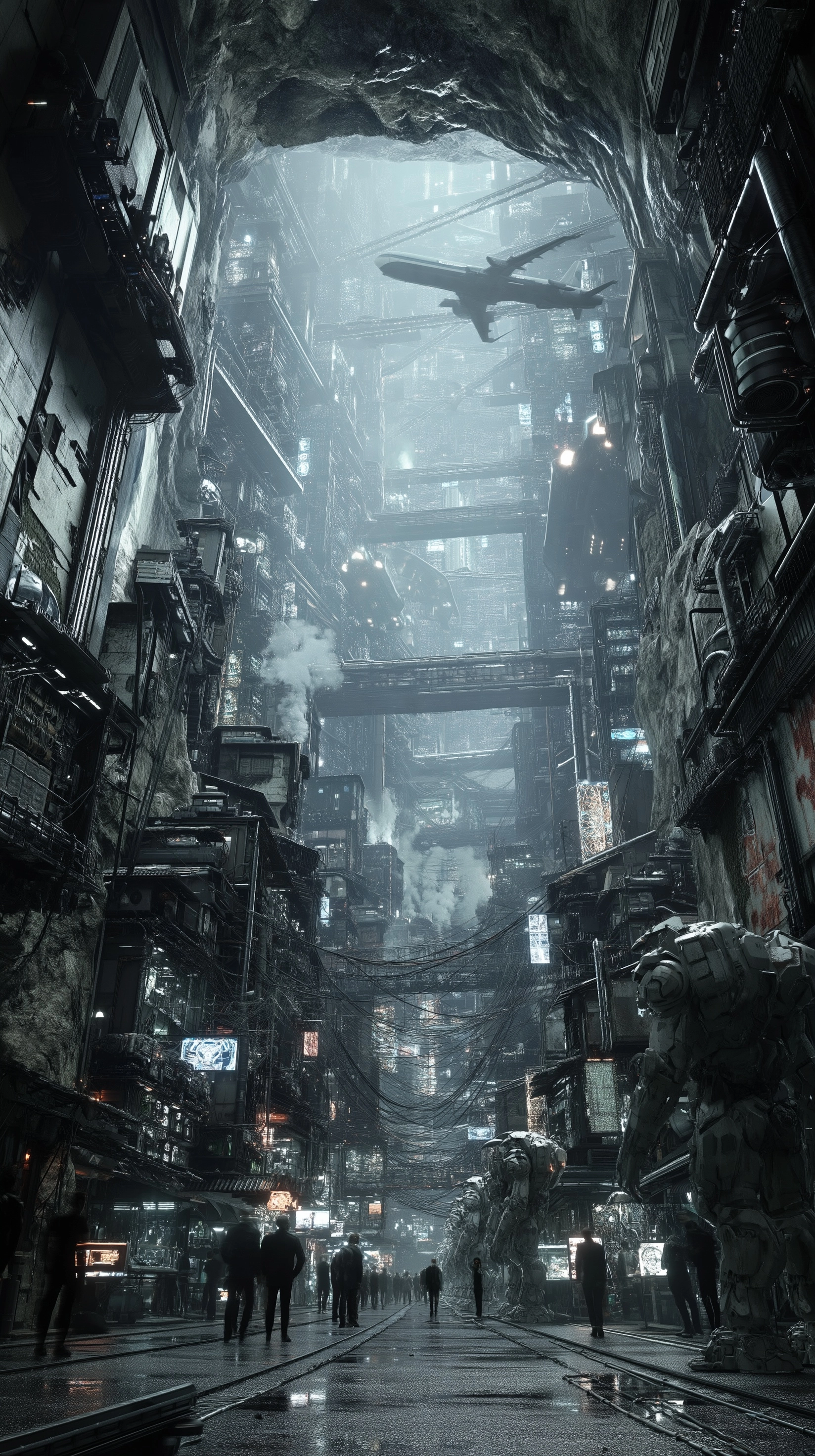 Low-angle extreme wide shot of a vast futuristic underground black market, full panoramic view